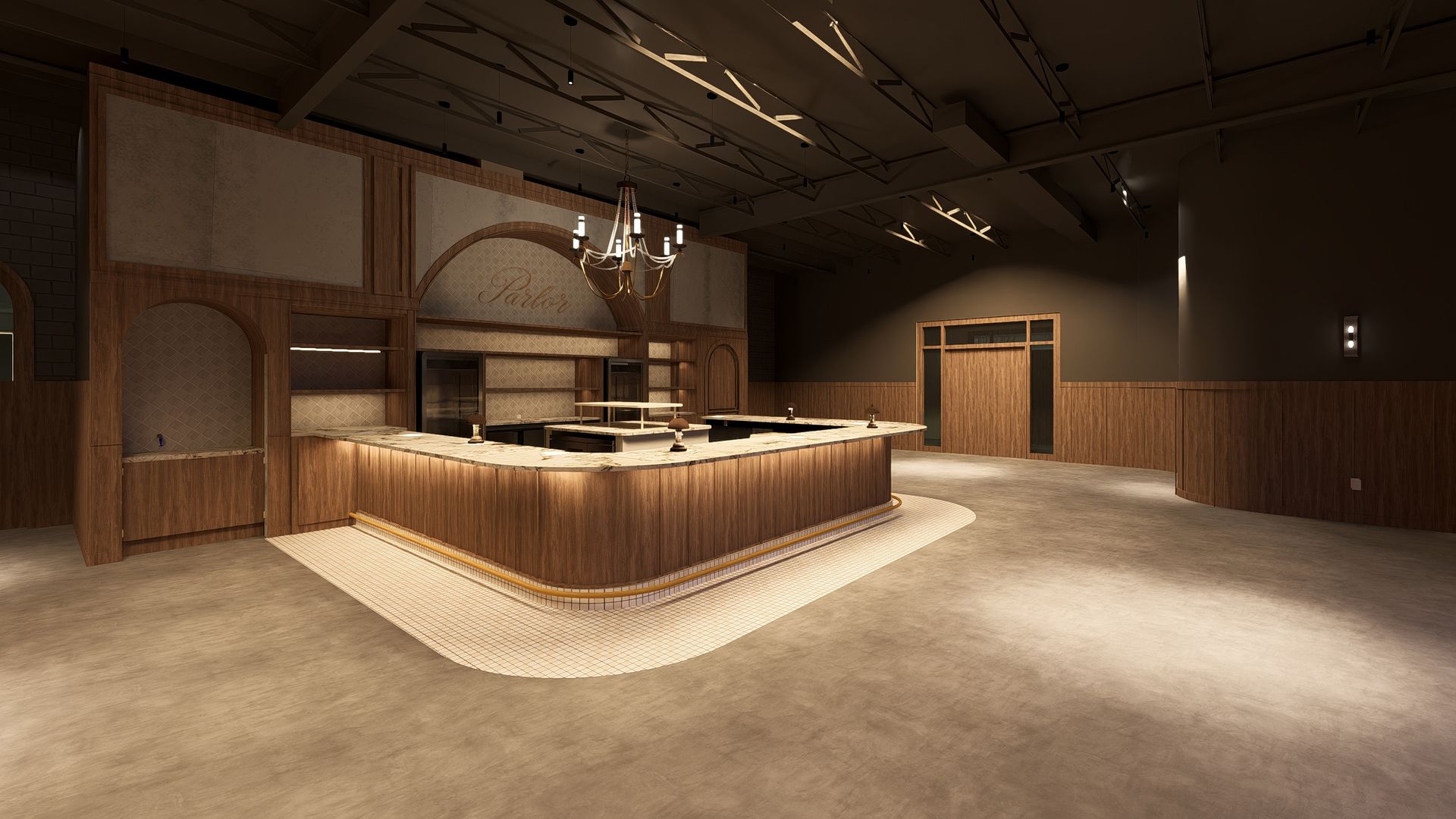 Dimly lit vintage-style bar with a curved wooden counter and marble top. Warm lighting, chandeliers overhead, shelves behind the bar, arched doorway to the left, dark wood paneling, and tiled floor edge.