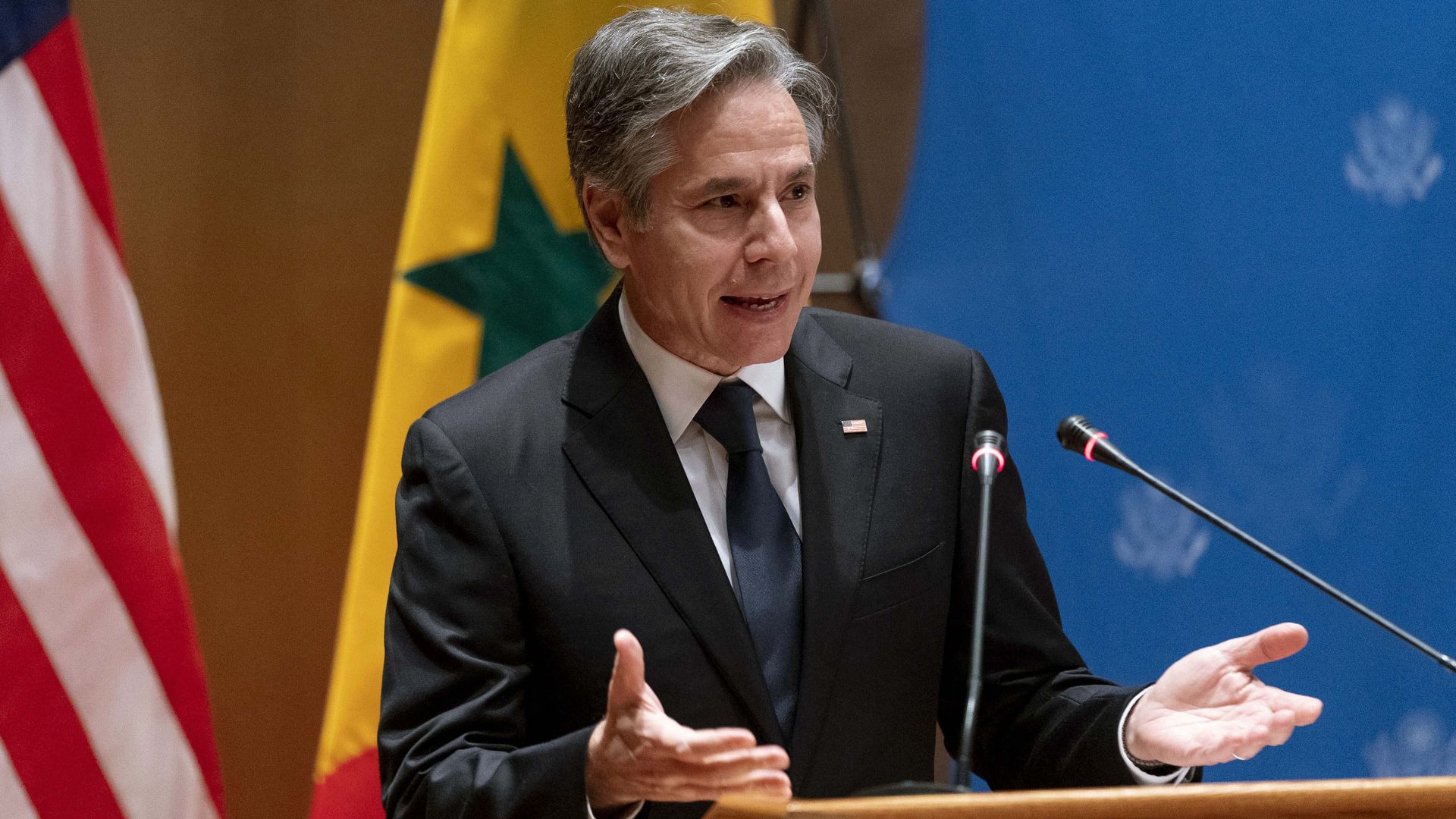 Secretary of State Antony Blinken gives a speech during a commercial diplomatic event with US companies and the government of Senegal at the Radisson Blu Hotel in Dakar, on November 20, 2021.