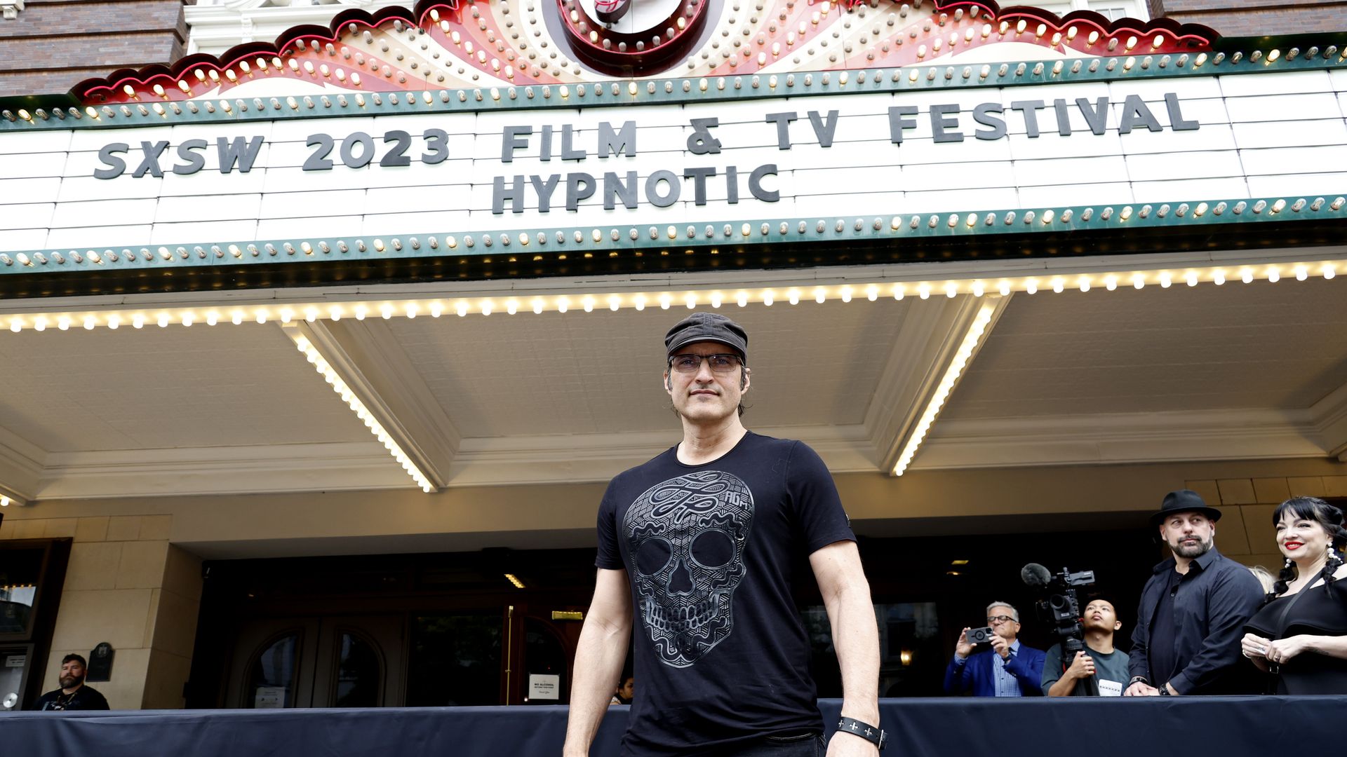 Robert Rodriguez outside the Paramount Theater ahead of the premiere of Hypnotic, his film shot in Austin.