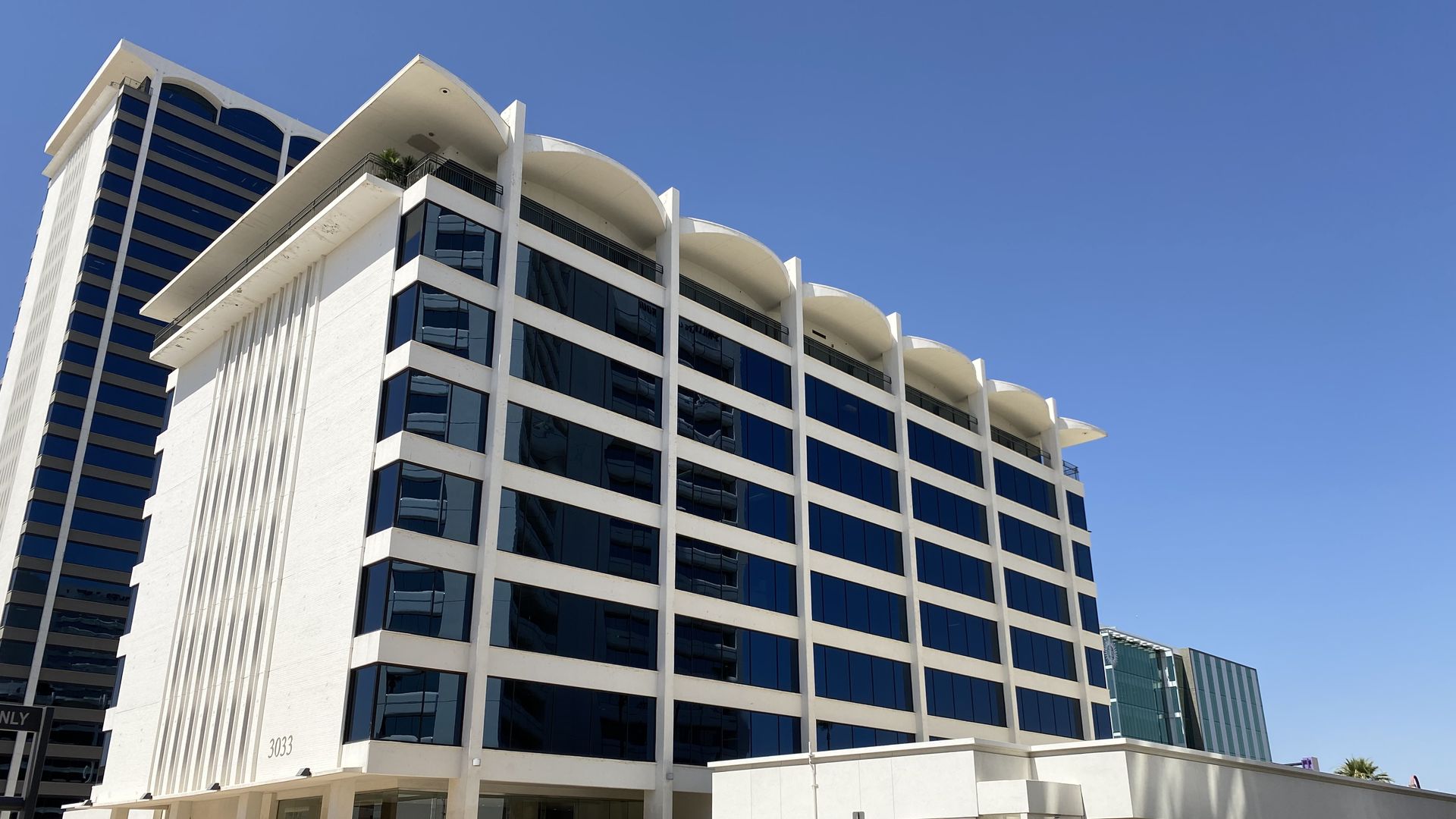 A six story office building. 