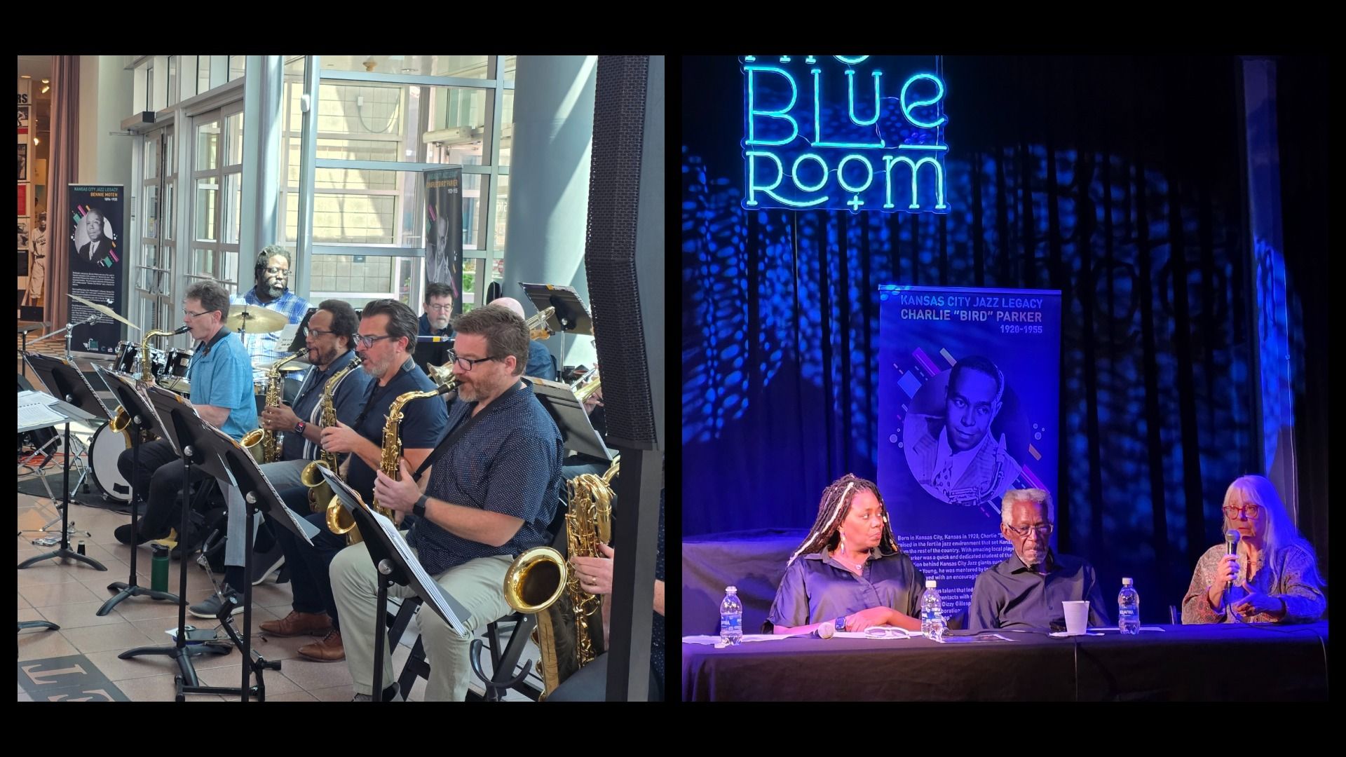 Split image: left shows a daytime jazz band playing indoors with saxophonists and drums; right features a blue-lit stage with a neon "BLUE ROOM" sign and a panel discussion beside a Charlie Parker poster.