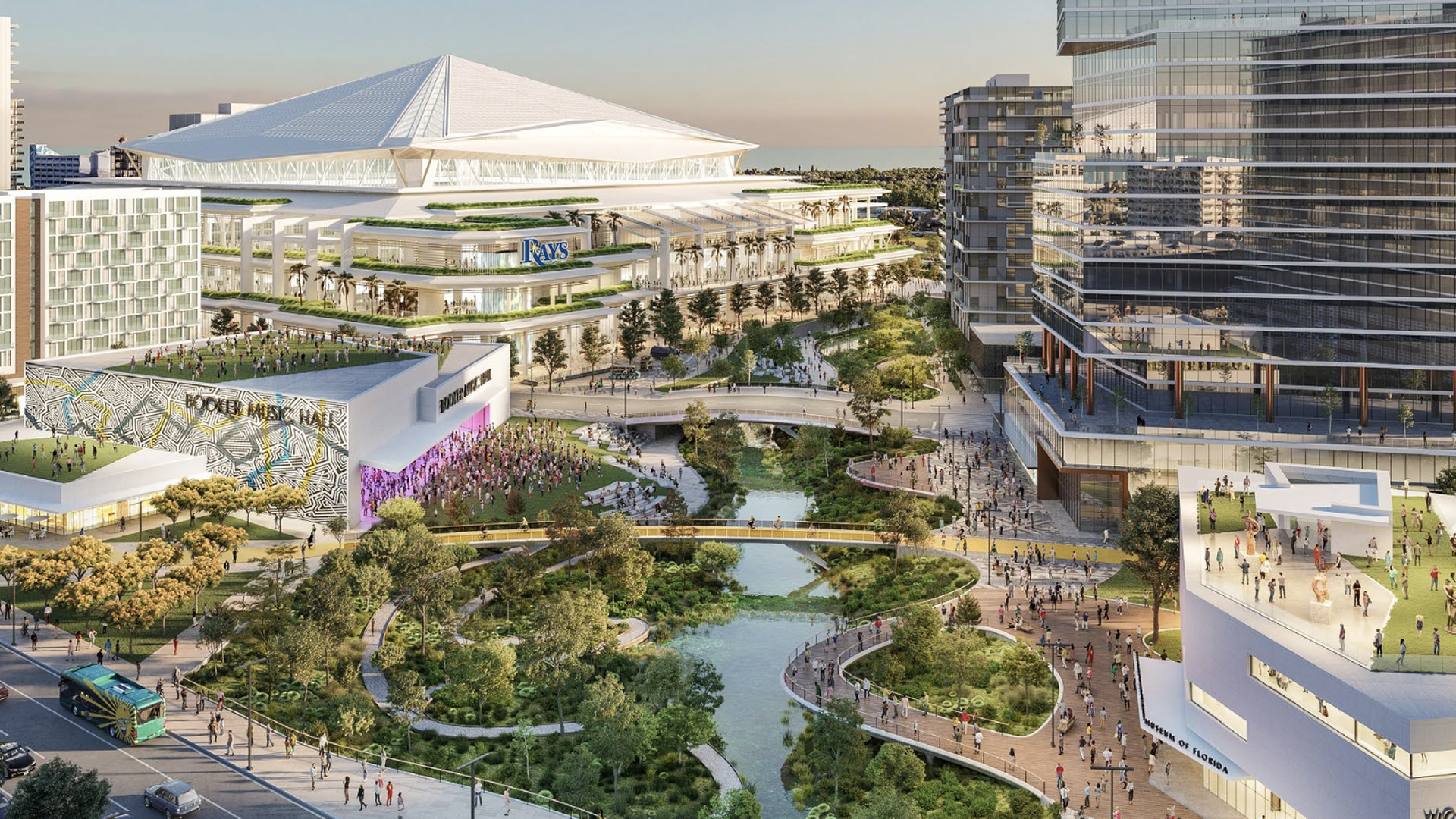 Rendering of the Gas Plant district after redevelopment with a new Rays Stadium