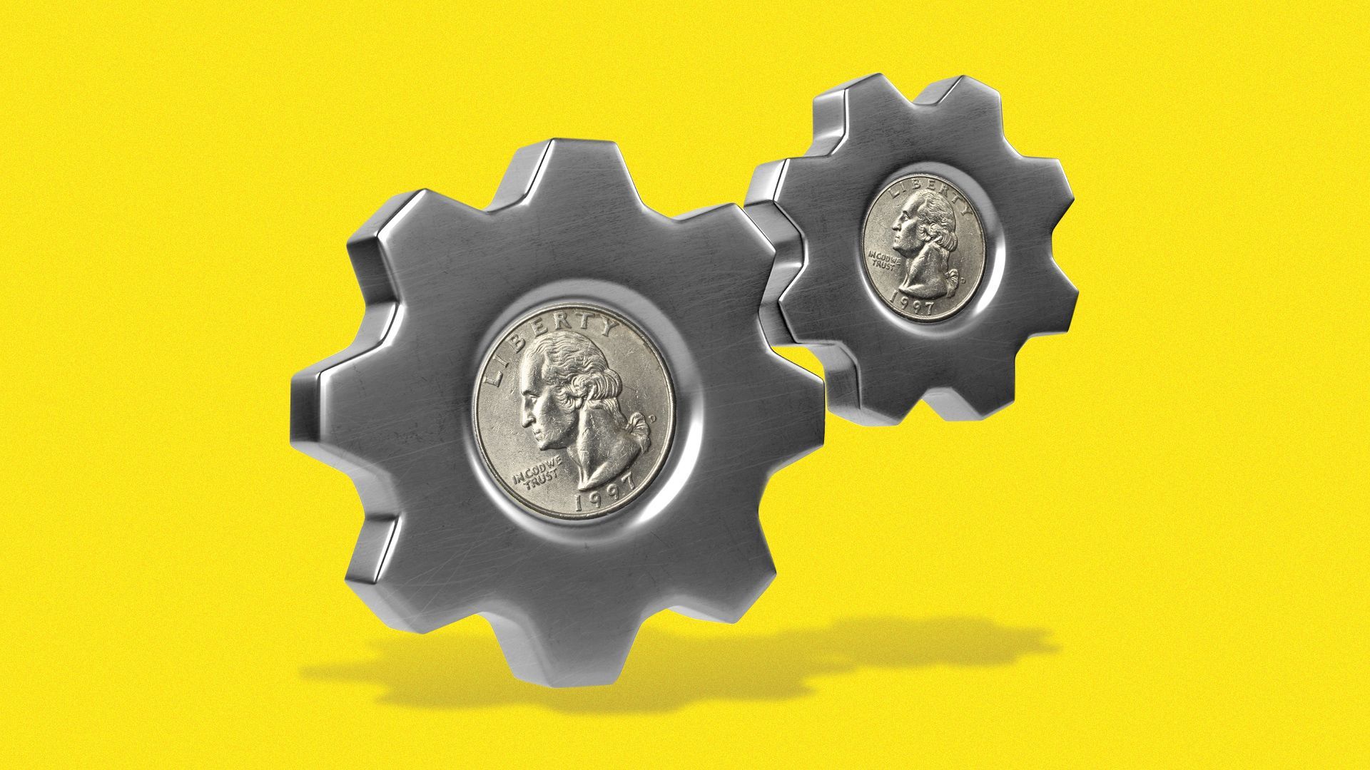 Illustration of cogwheels made of quarters rotating together.