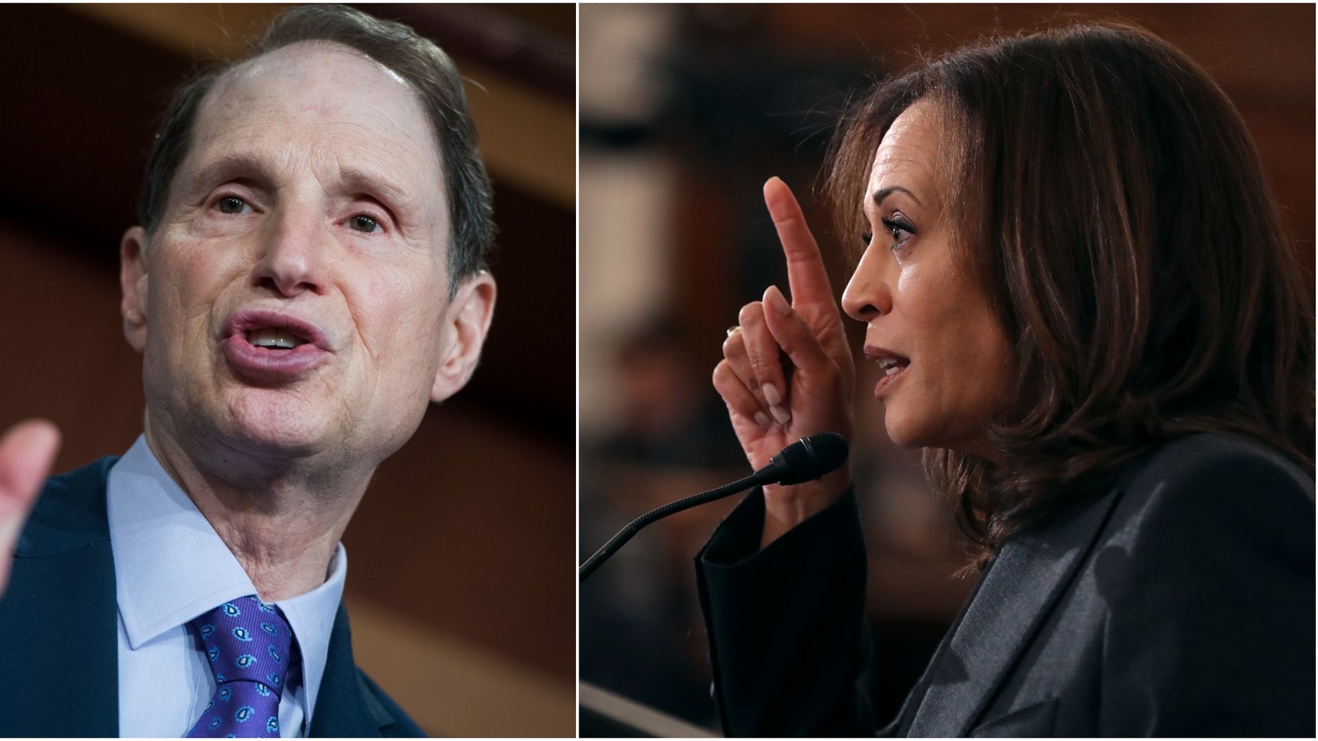 A split screen image with Sen. Ron Wyden and Sen. Kamala Harris 