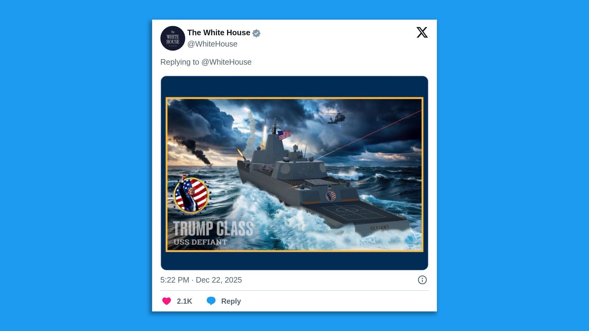 Digital image of a naval warship named USS Defiant with a Trump Class emblem, sailing on rough seas under a cloudy sky with a US flag, a helicopter, and smoke on the horizon.