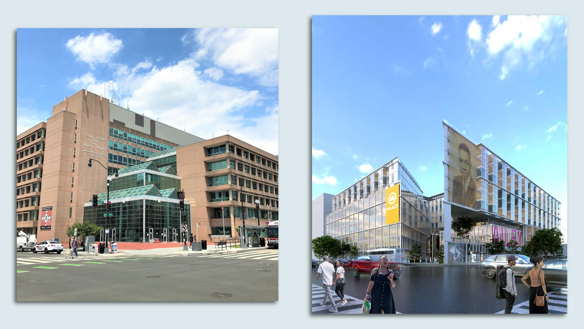 Side by side: The current Reeves Center building next to a rendering of a glassy, new building to replace it