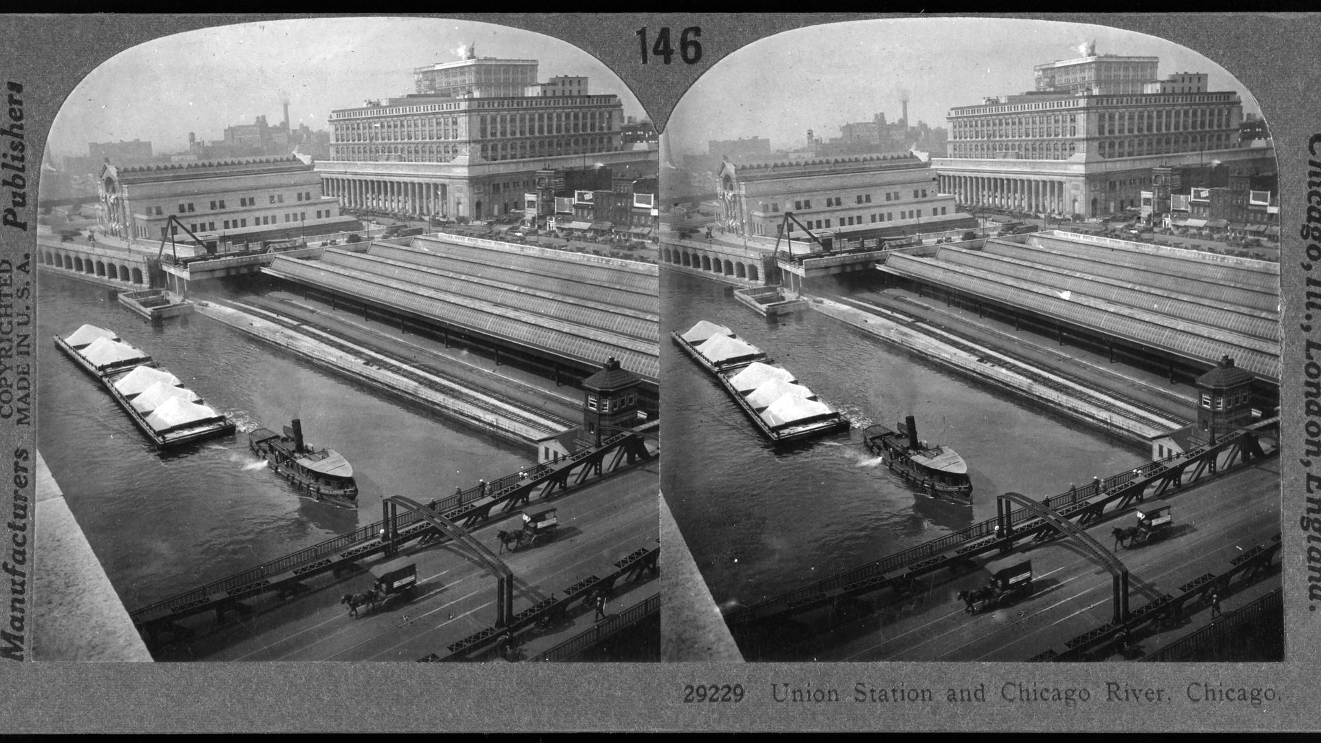 Black and white stereoscopic image of Chicago's Union Station and Chicago River, showing a barge pushed by a towboat, bridges, rail yards, and large buildings in the background.