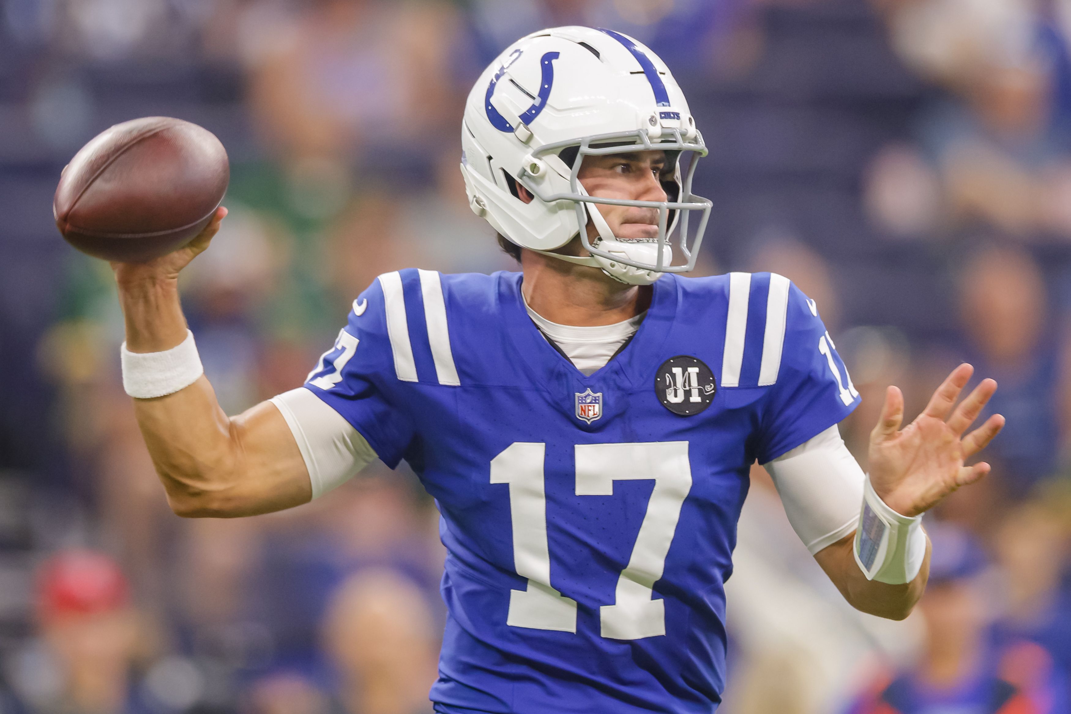 Daniel Jones #17 of the Indianapolis Colts throws the ball during the NFL Preseason 2025 game between Green Bay Packers and Indianapolis Colts at Lucas Oil Stadium on August 16, 2025 in Indianapolis, Indiana. (Photo by Michael Hickey/Getty Images)