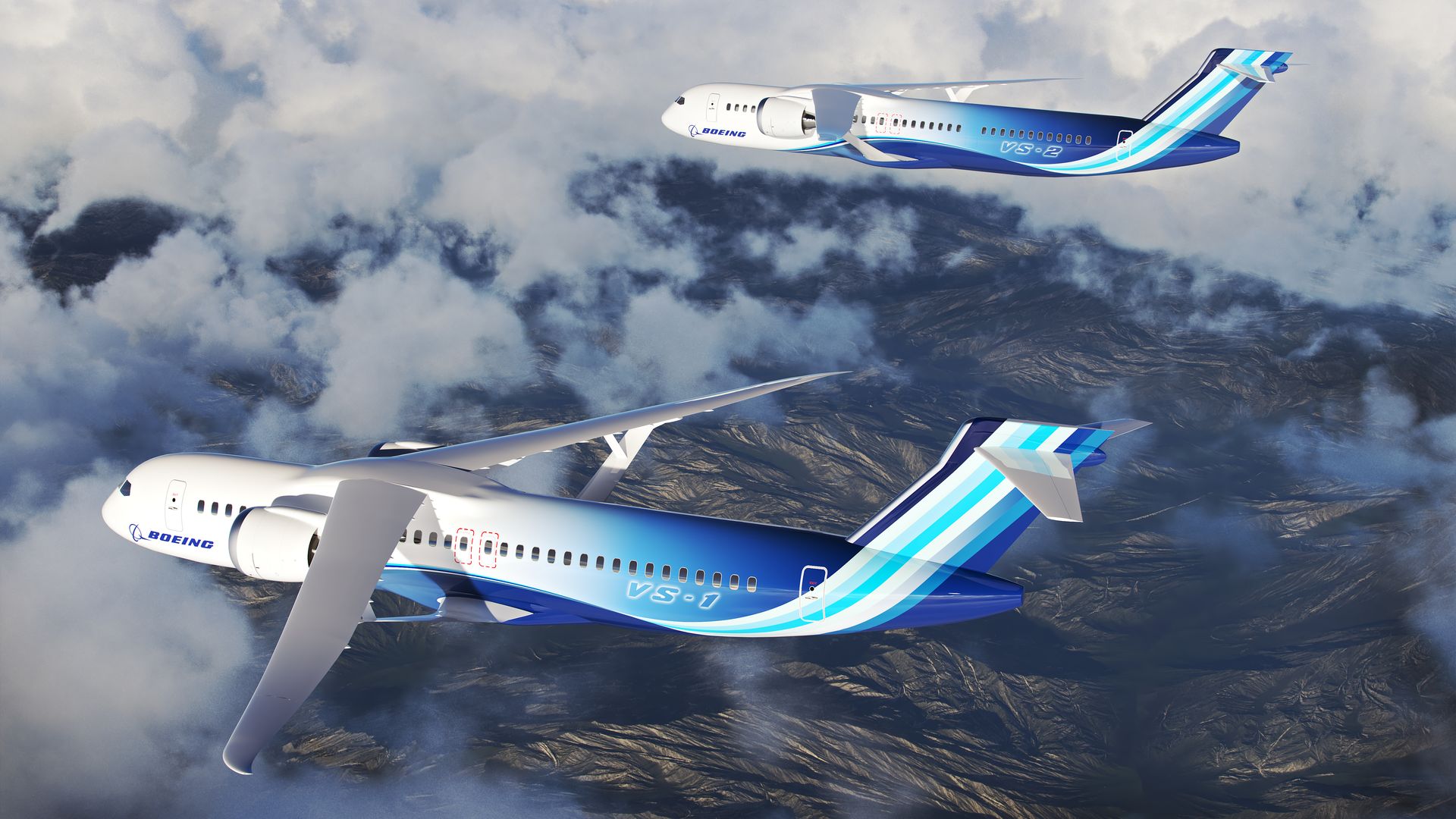 A rendering of commercial aircraft with truss-based wing designs.