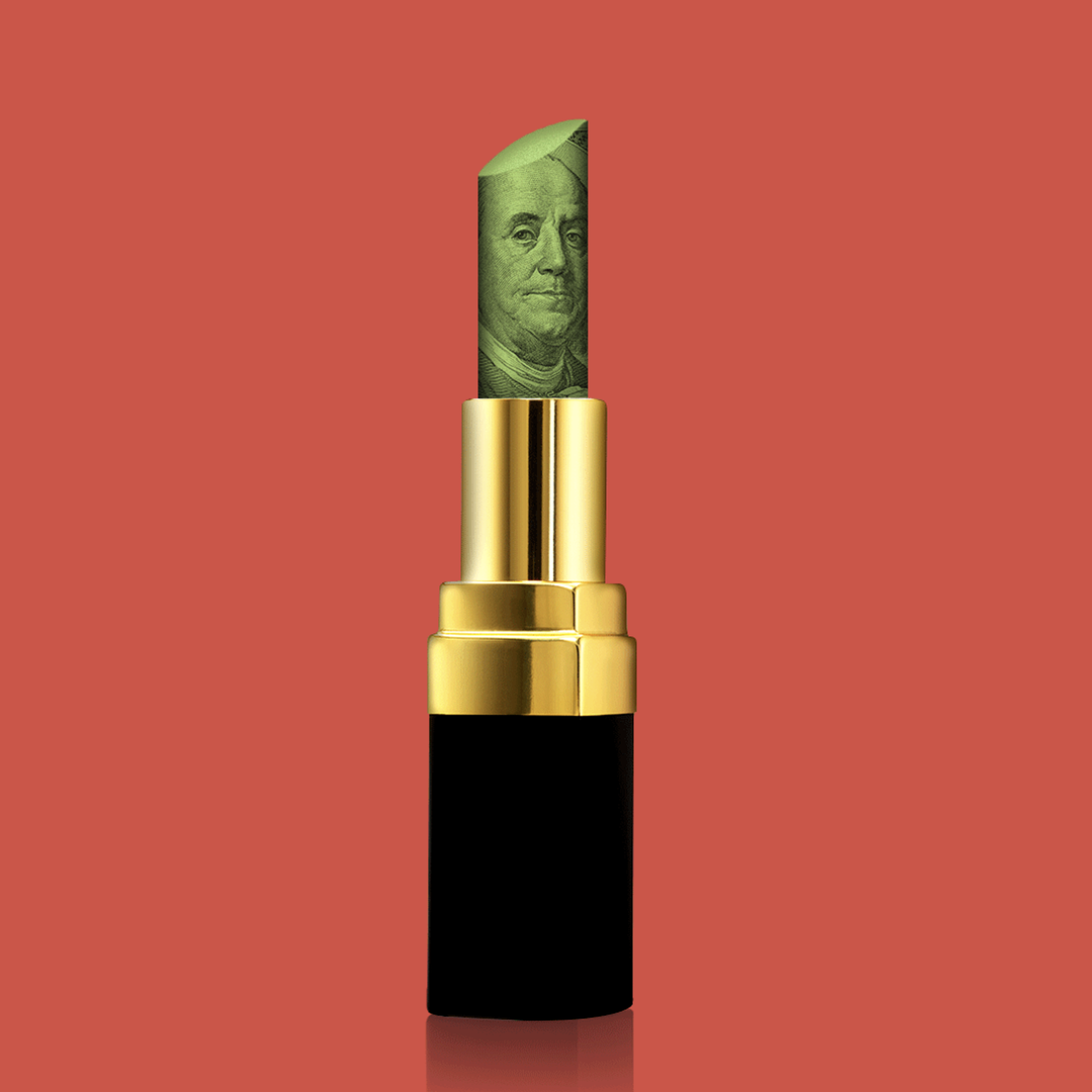 An illustration of a hundred-dollar bill in a lipstick container.