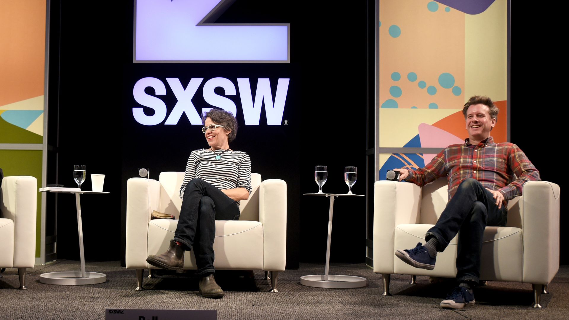AUSTIN, TX - MARCH 14: (L-R) Austin Kleon and Laura Ballance and Mac McCaughan of Superchunk speak onstage at the Featured Session: Superchunk during SXSW at Austin Convention Center on March 14, 2018 in Austin, Texas. (Photo by Dave Pedley/Getty Images for SXSW)