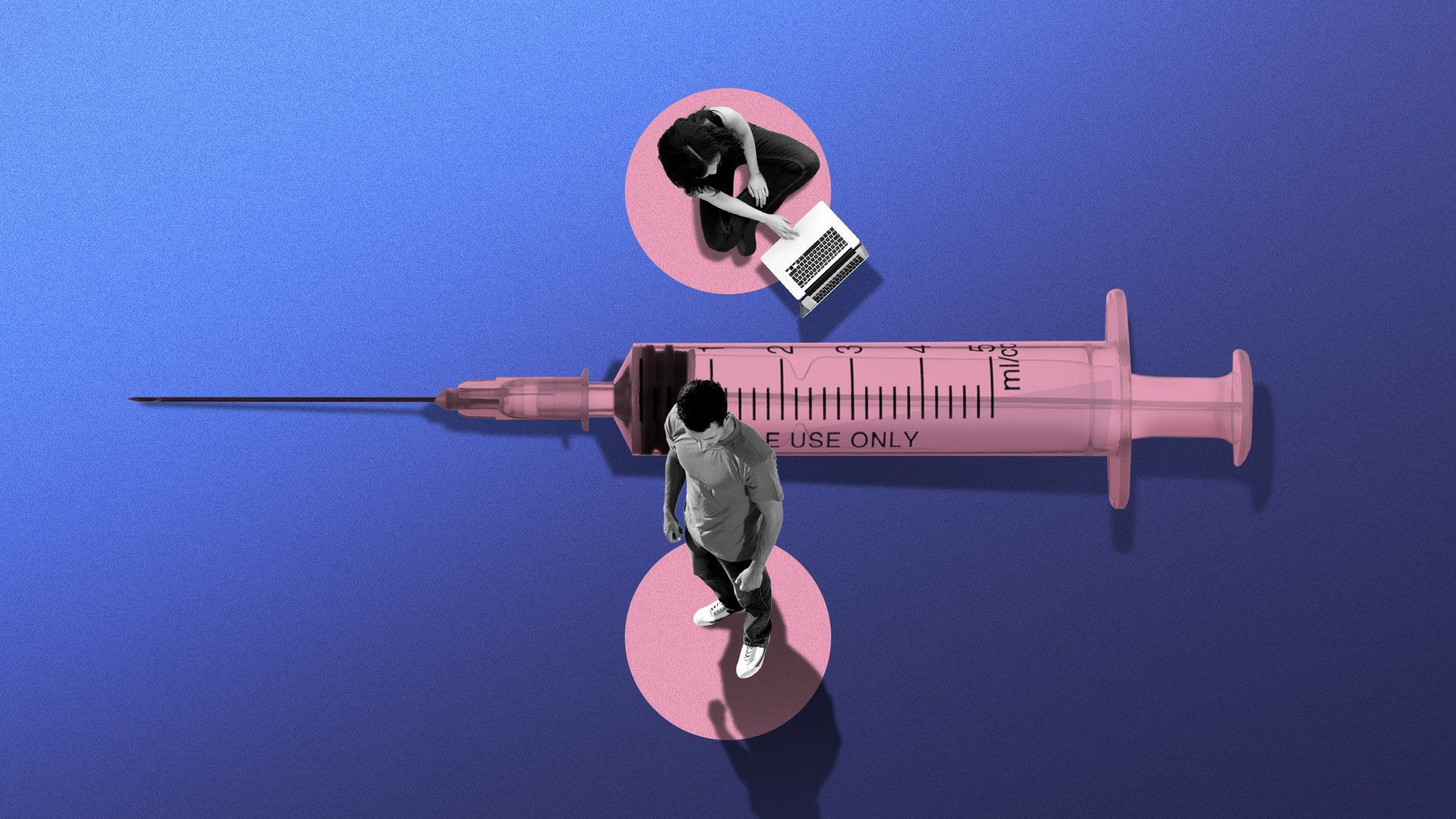 Illustration of two people on a divide symbol with a syringe as the middle 