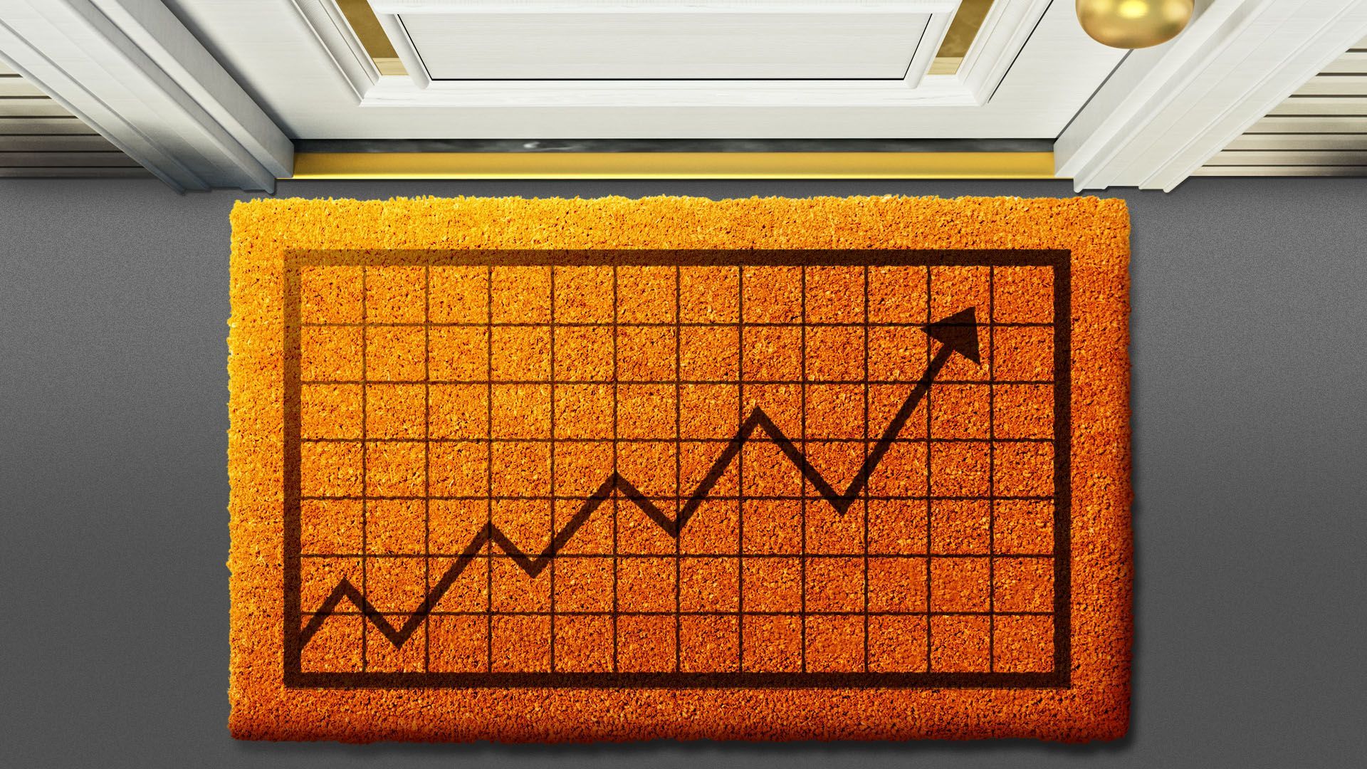 Illustration of an upward trending line chart on a welcome mat in front of a house door