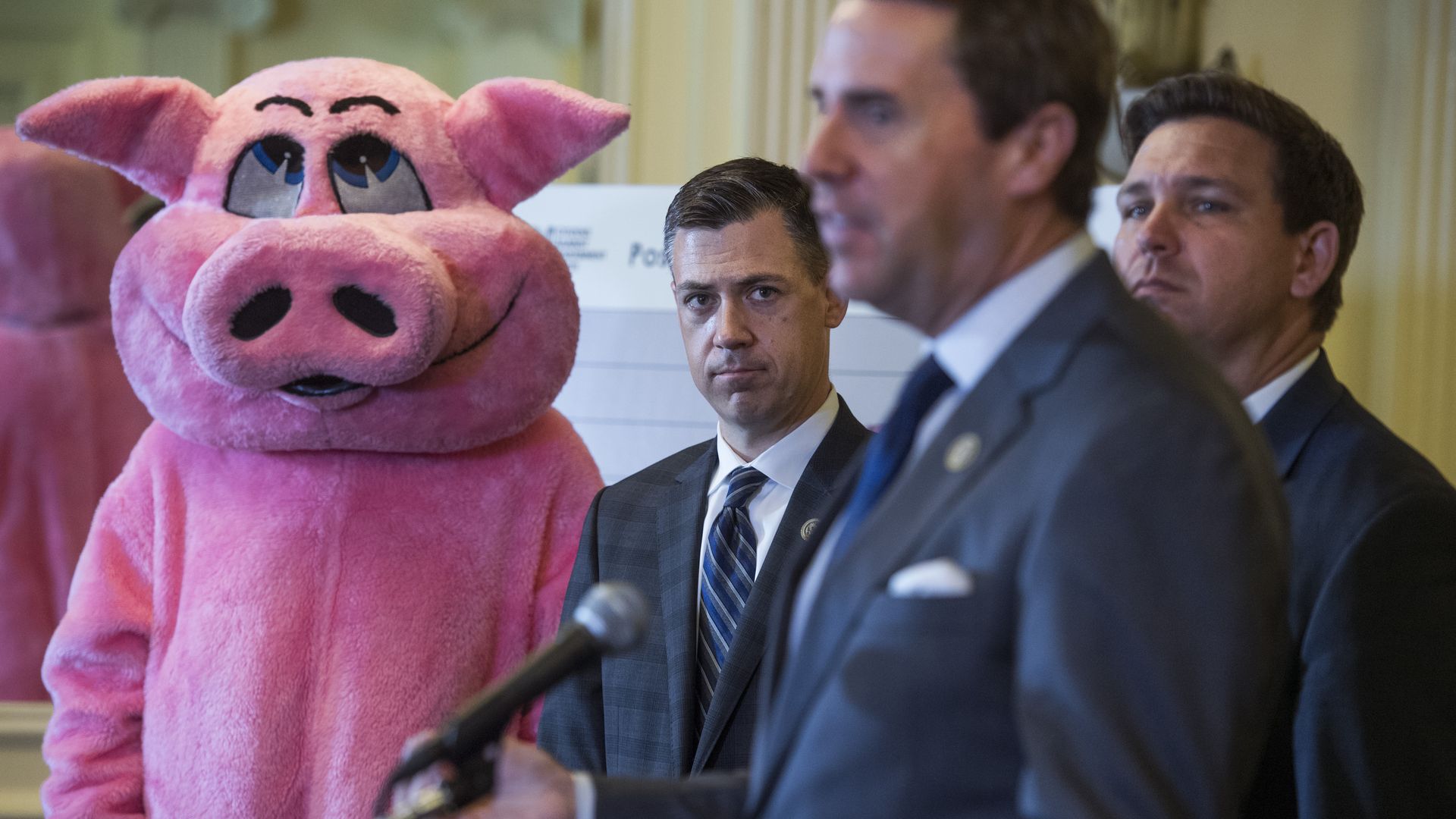 Rep. Jim Banks stands at a press conference next to a pig mascot.