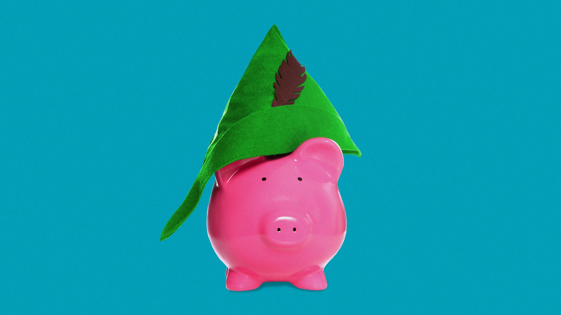 Illustration of a piggy bank with a robin hood hat. 