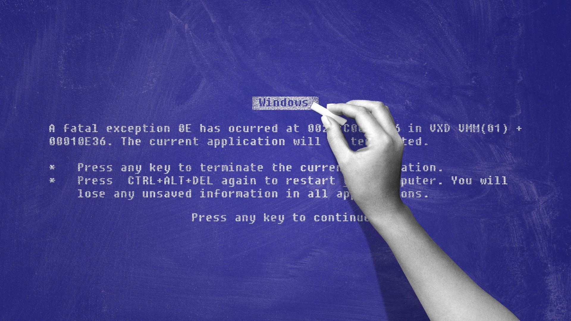 Illustration of a hand writing the blue screen of death on a chalkboard