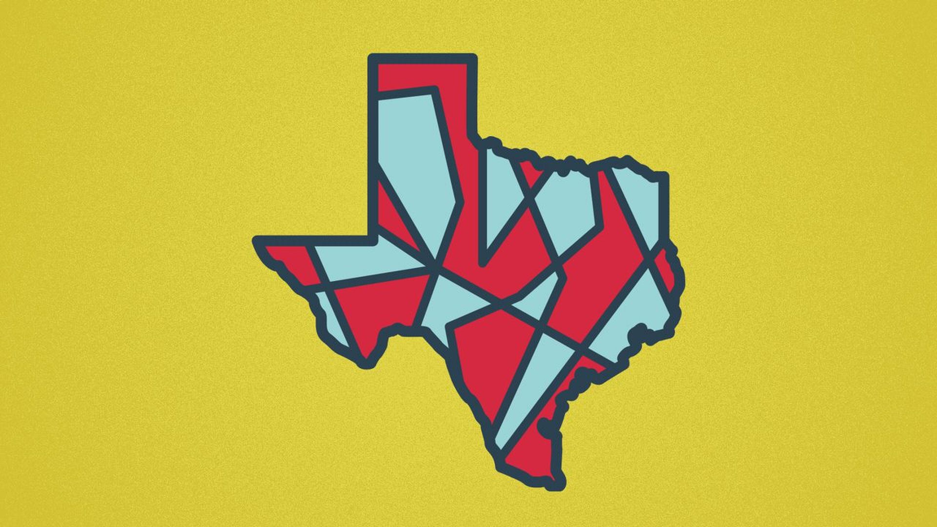Illustration of the state of Texas with red and blue districts inside it. 