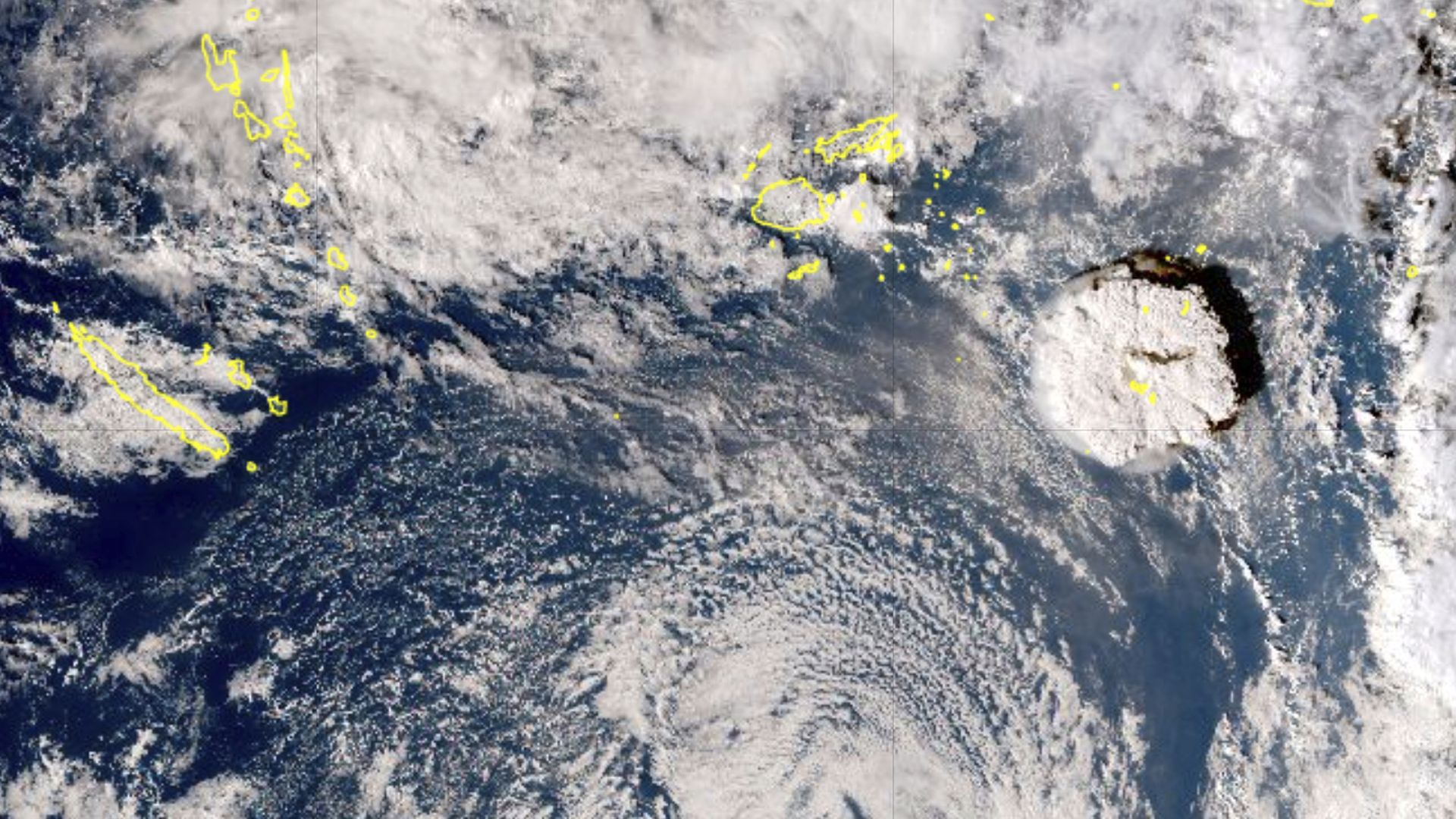 This satellite image taken by Himawari-8, a Japanese weather satellite, and released by the agency, shows an undersea volcano eruption at the Pacific nation of Tonga Saturday, Jan. 15, 2022