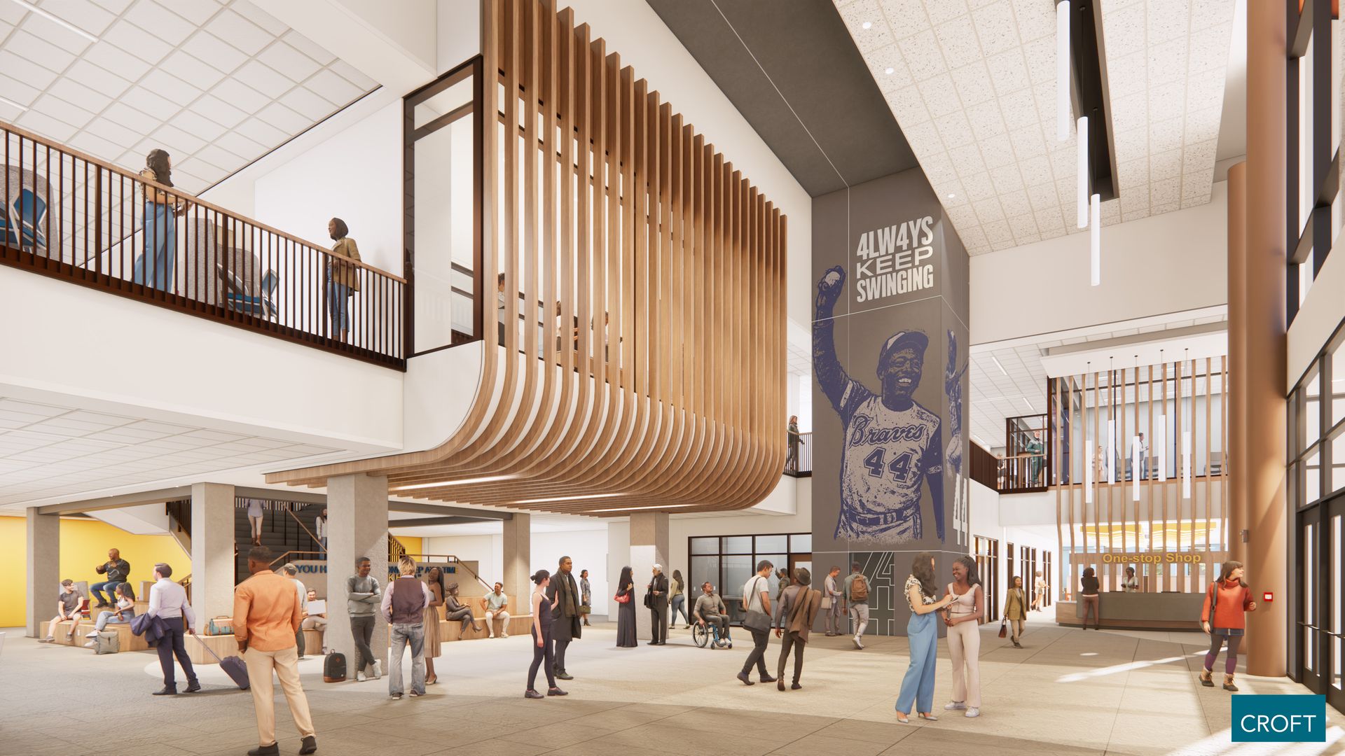 Modern two-level atrium with curved wooden slats and railing. People walk on both levels; a large poster reads "4LWAYS KEEP SWINGING" with a baseball figure. Croft logo bottom right.