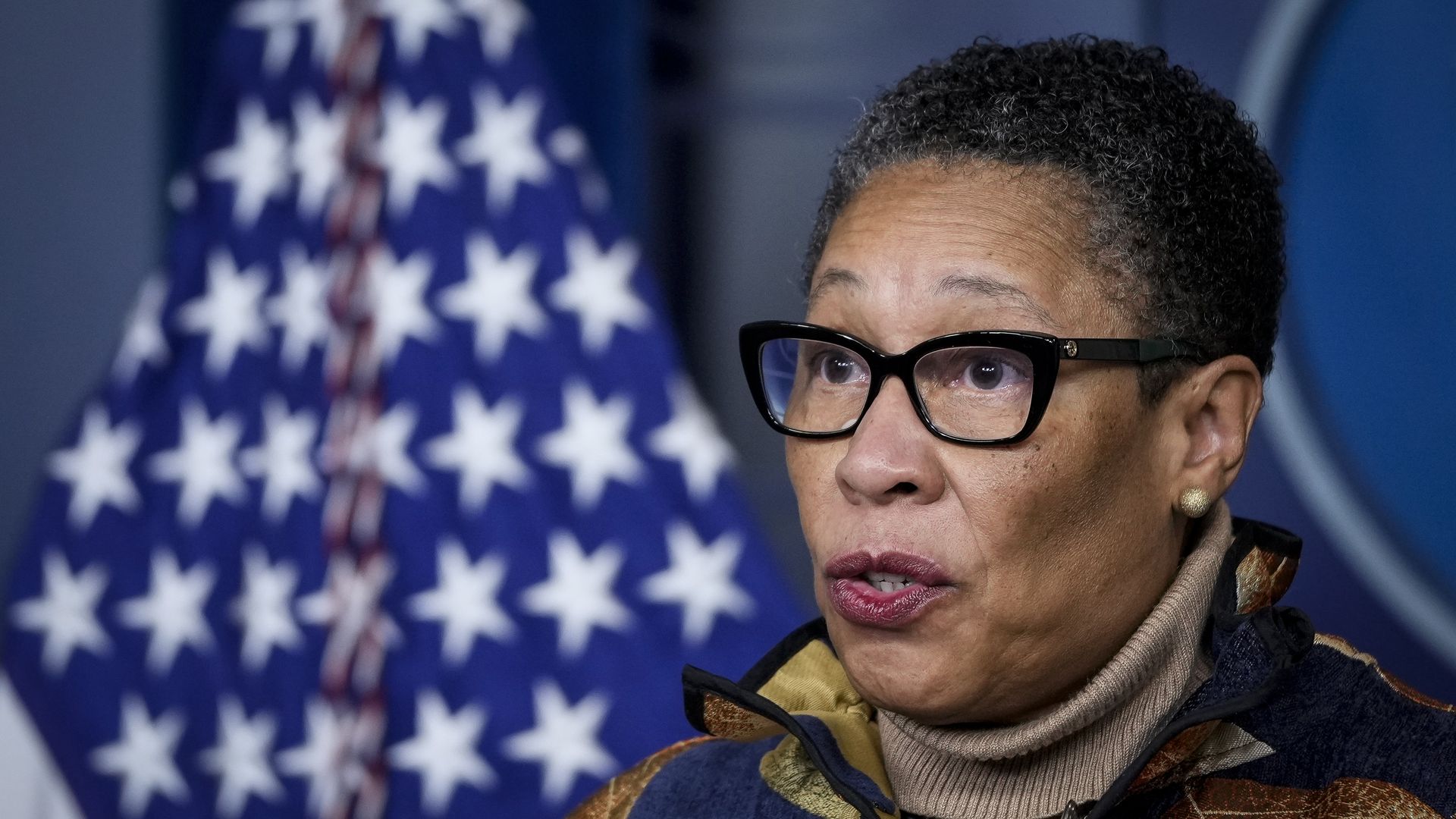 Secretary of Housing and Urban Development Marcia Fudge speaking at a press conference at the White House in March 2021.