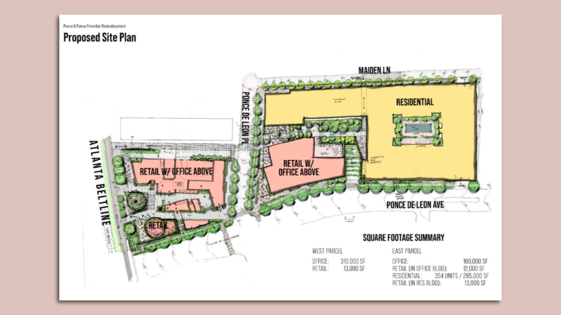 A site plan of a proposed mixed-use development that would replace Paris on Ponce and MJQ