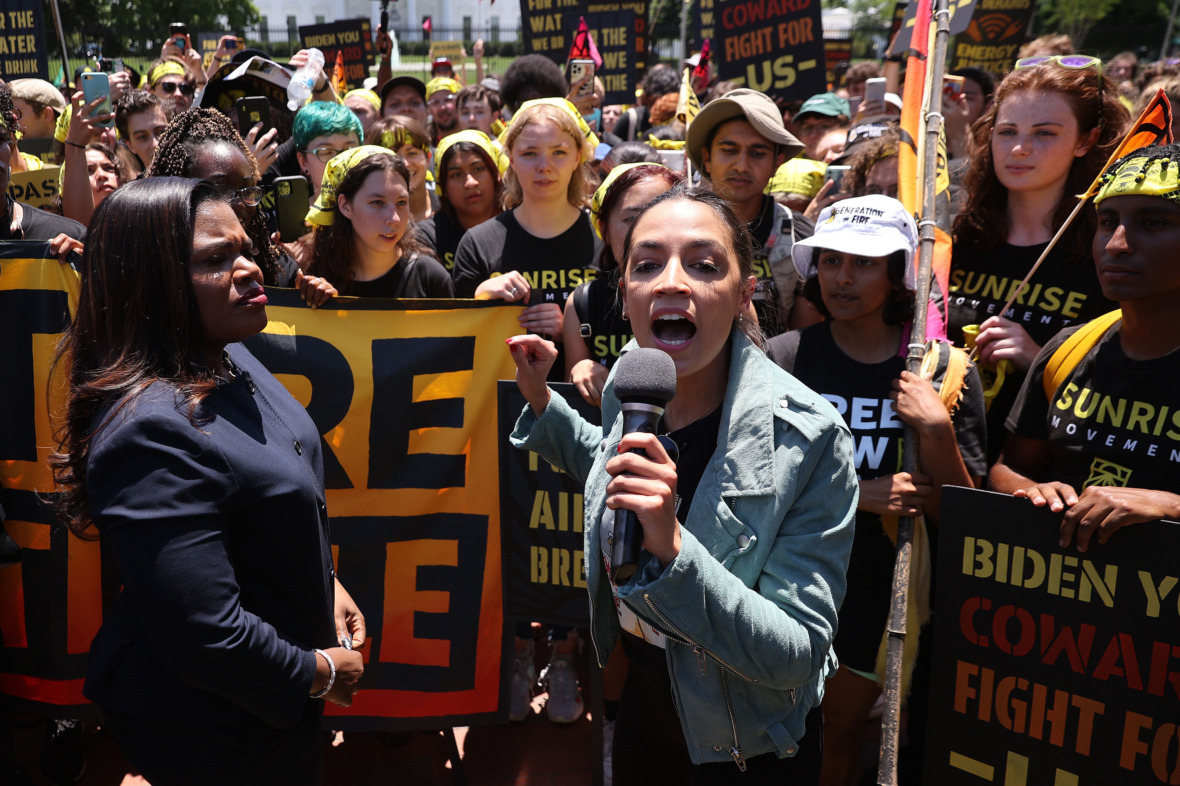 Reps. Cori Bush and Alexandria Ocasio-Cortez rallying hundreds of young climate activists in Lafayette Square on the north side of the White House