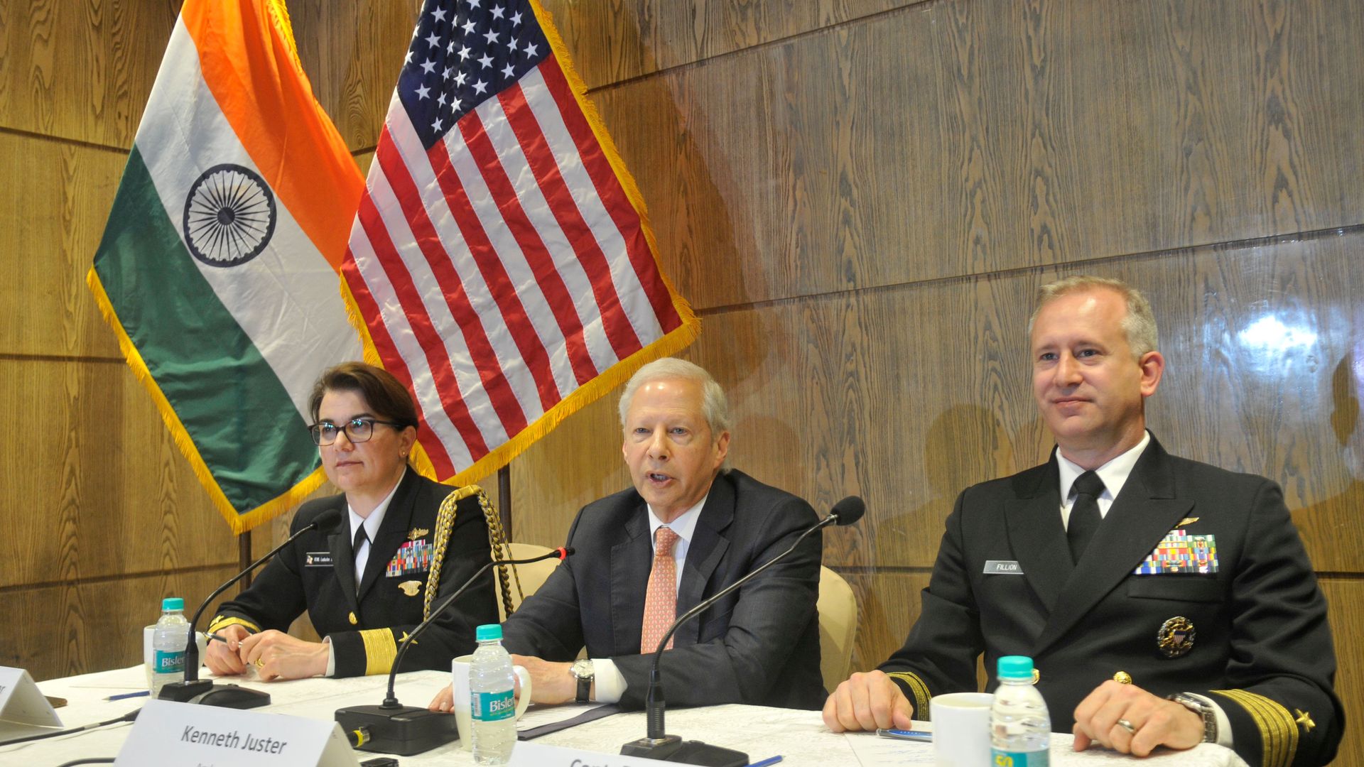LUCKNOW, INDIA - FEBRUARY 4: US Ambassador to India Kenneth Juster (Chief Office of Defence Cooperation), Capt. Daniel Fillion (R) and Adm. Eileen Laubacher during a 2020 press conference in Lucknow, India.