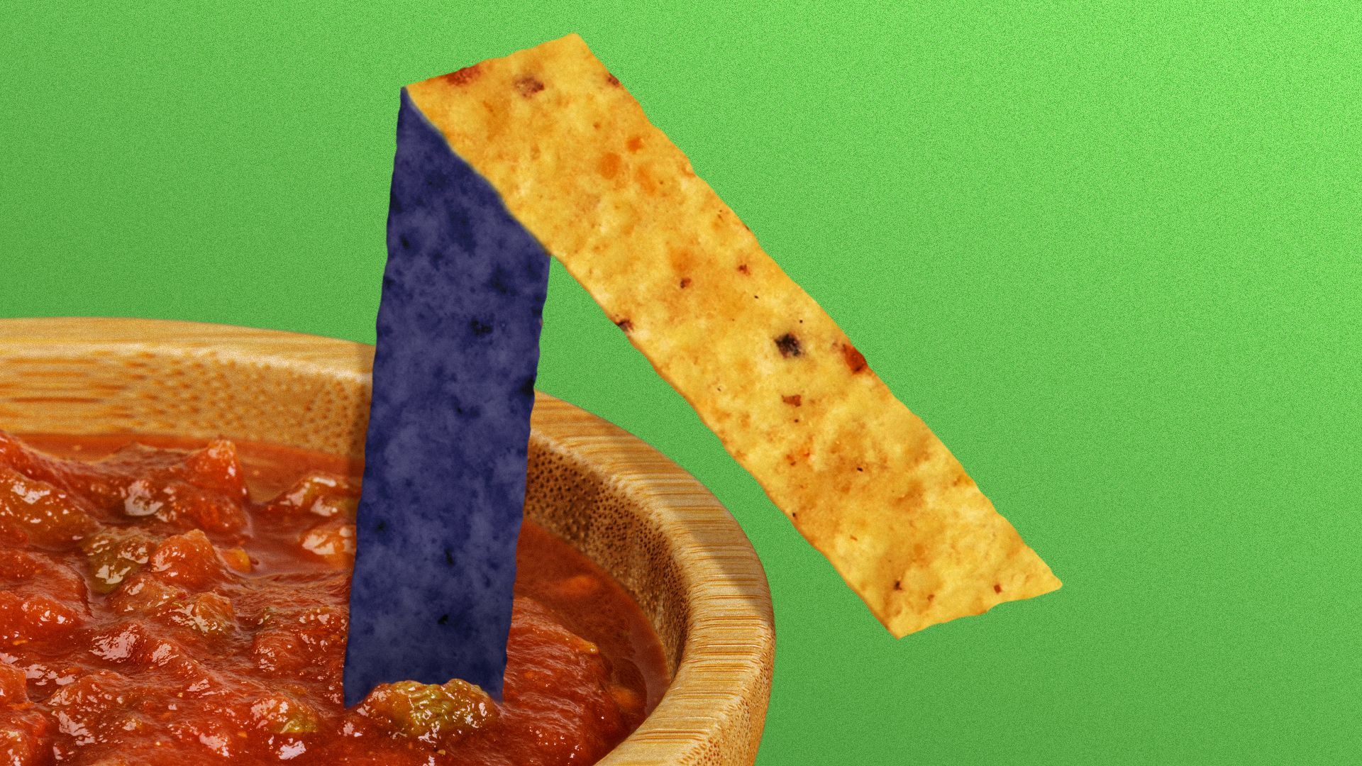 Illustration of an Axios logo-shaped tortilla chip and salsa.