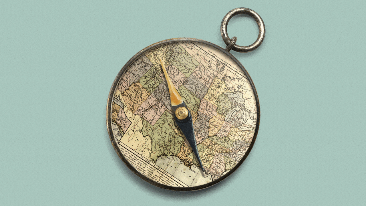 Illustration of a compass with a needle shifting slightly over a map of the United States