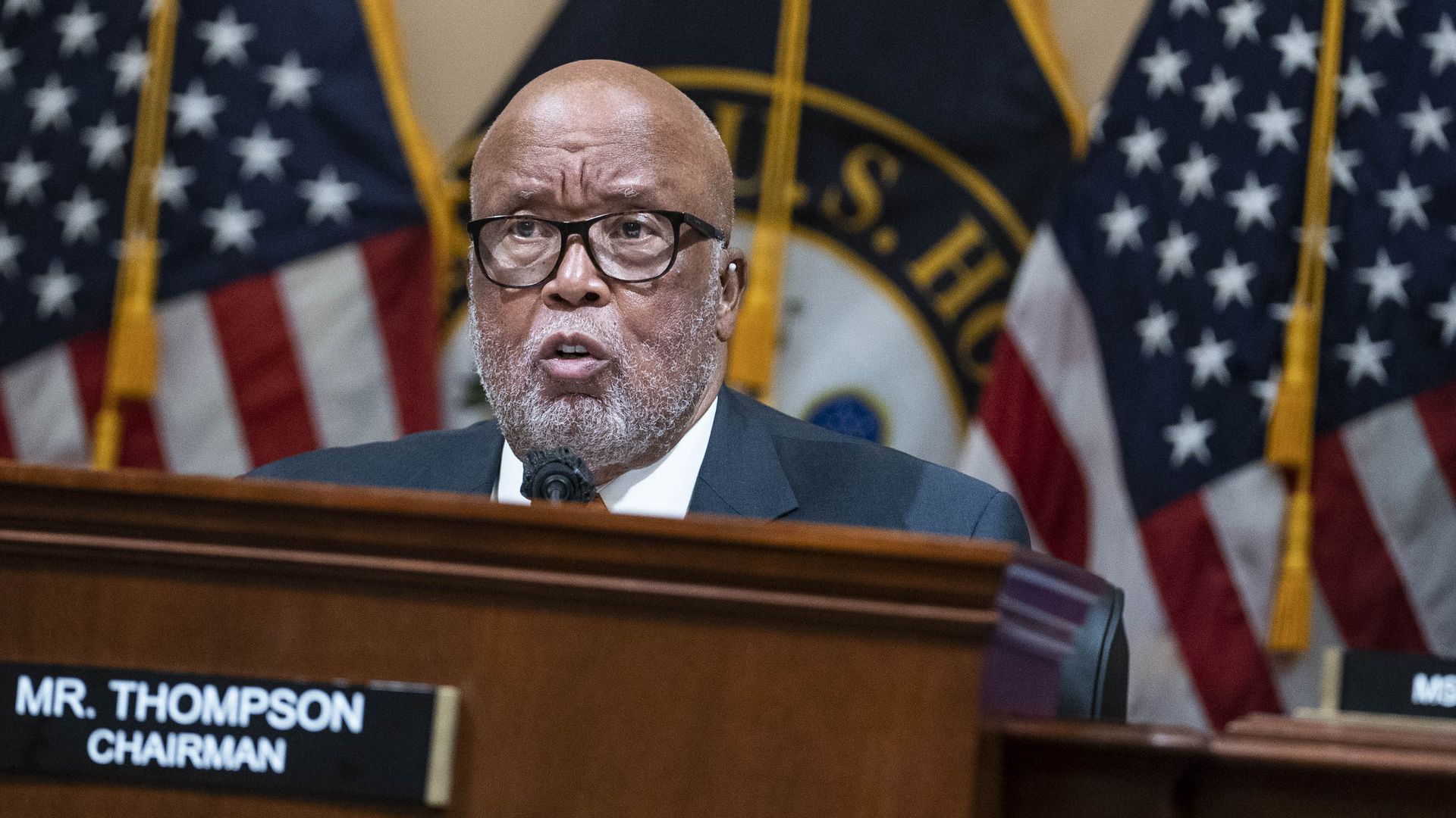 Rep. Bennie Thompson, chairman of the Jan. 6 Select Committee, is seen speaking.