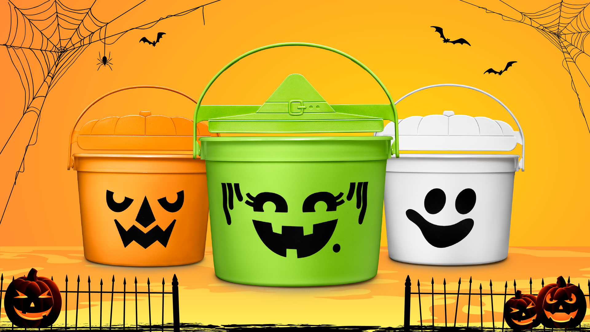 Halloween faces on plastic buckets