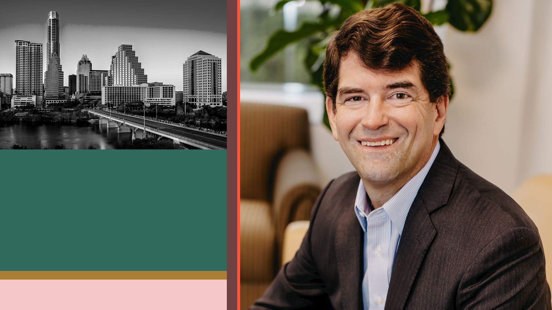 Photo illustration of Peter Huff next to a photo of the Ausin skyline and an abstract shape background. 