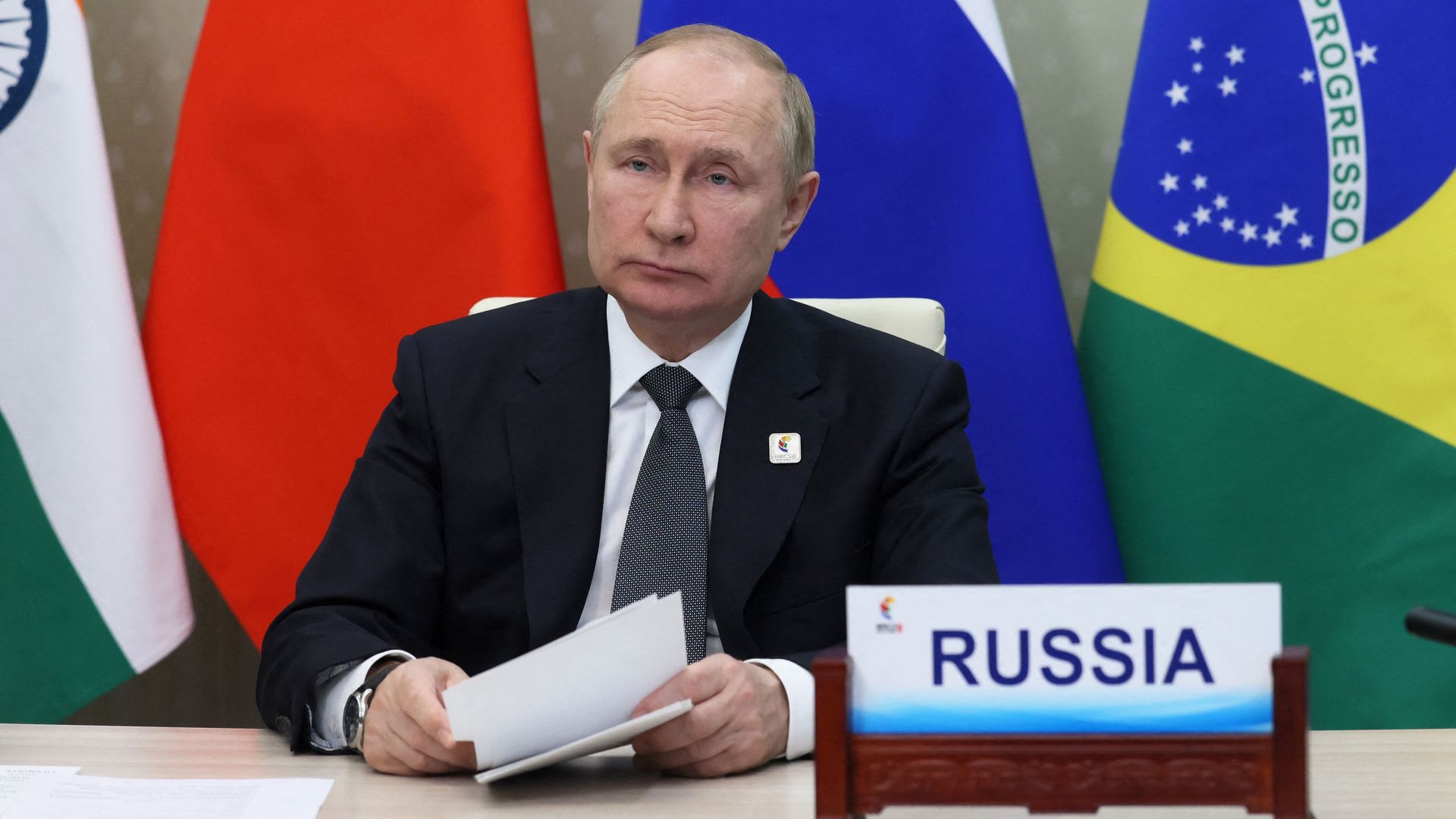 Russian President Vladimir Putin takes part in the XIV BRICS summit in virtual format via a video call, in Moscow, on June 23.