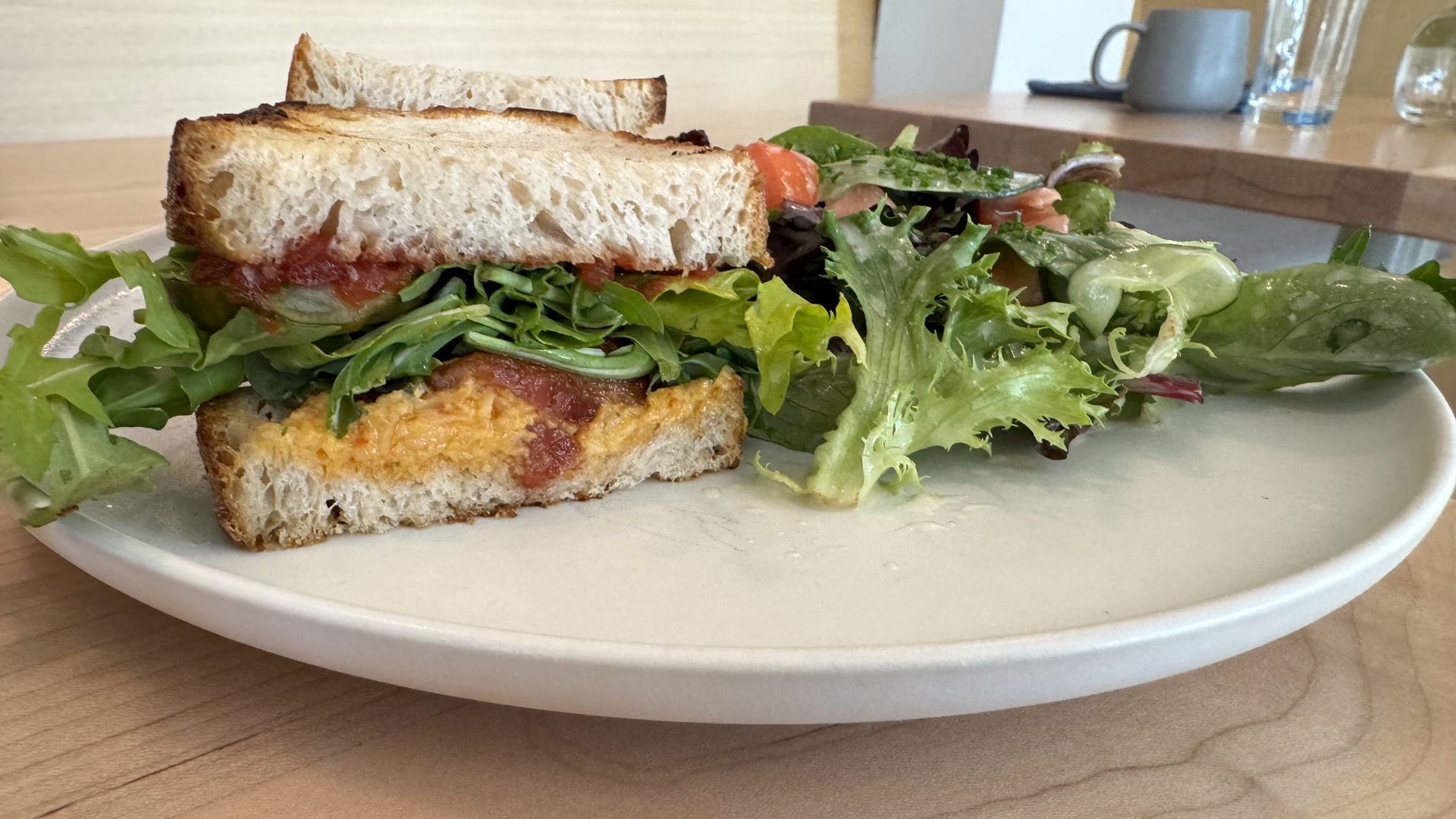 A toasted sandwich with pimento cheese, greens, and tomato is served with a fresh side salad on a white plate.