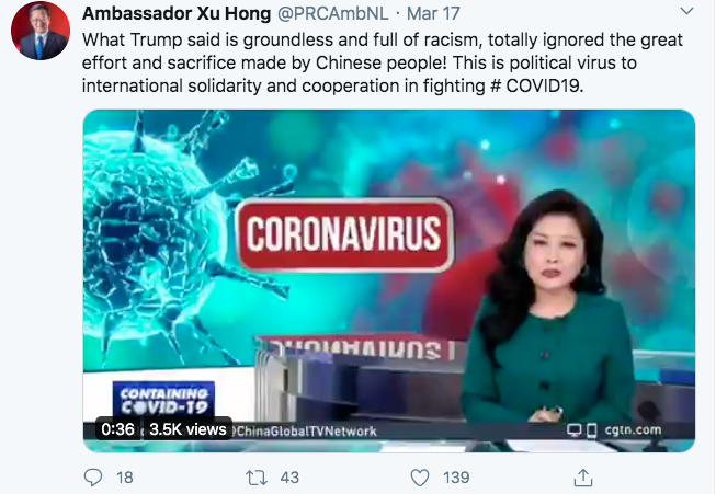 Twitter post of Xu Hong, the Chinese ambassador to the Netherlands, calling out Trump's use of the phrase "Chinese virus"