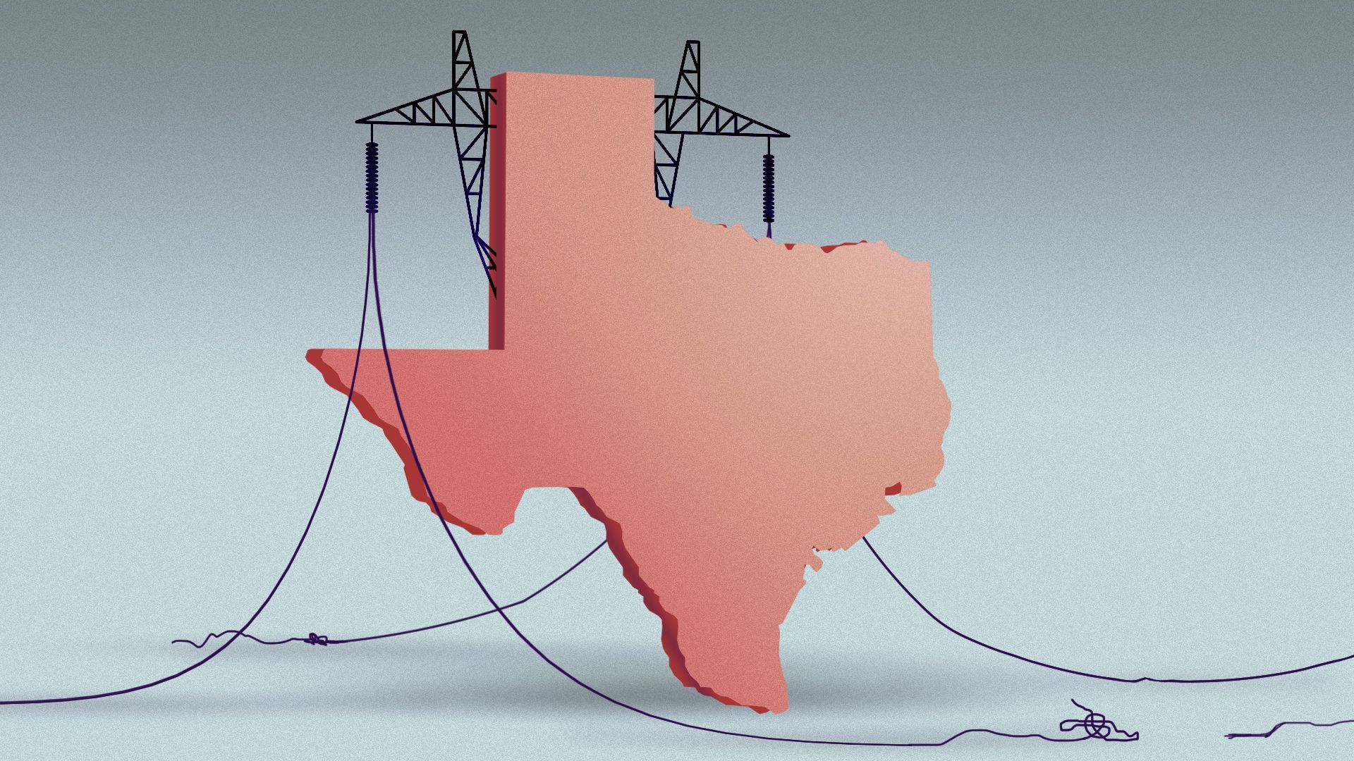 Illustration of the state of Texas combined with an electricity pylon whose power lines are damaged and fallen
