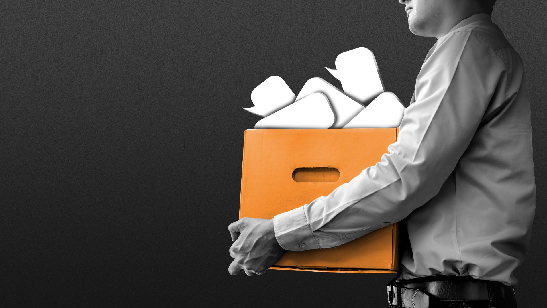 Illustration of a man in a suit holding a cardboard box full of speech bubbles