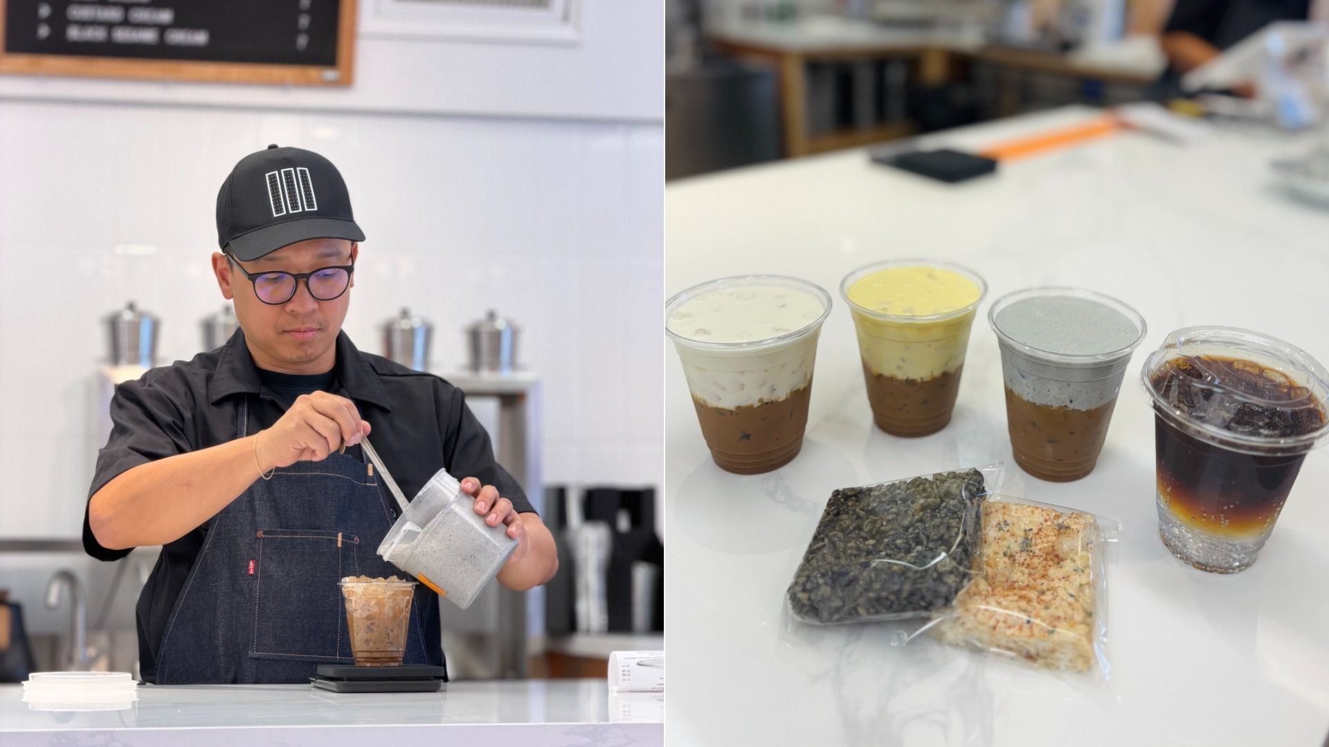 Left: barista in a black cap pours from a pitcher into a cup at a cafe counter with a scale. Right: white counter shows four layered drinks in clear cups, iced coffee, and snacks.