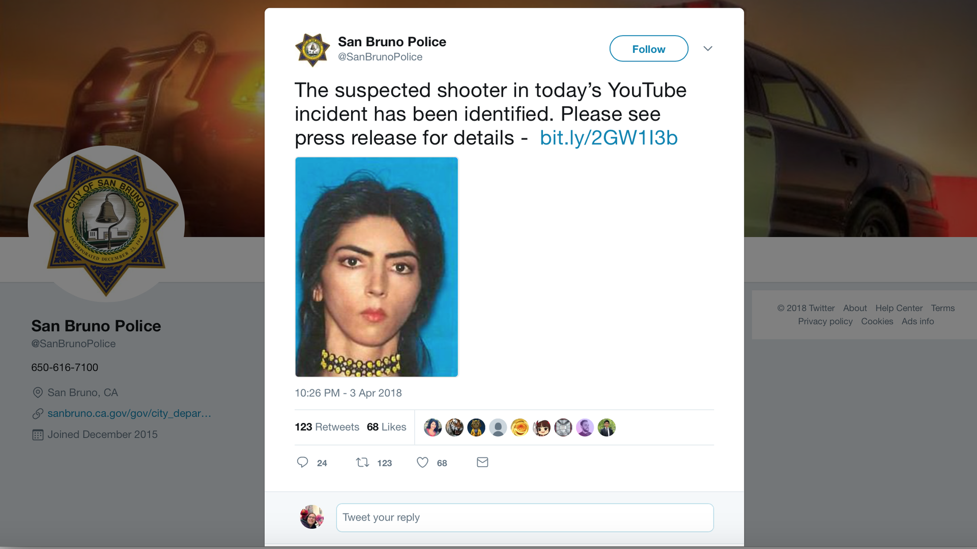 A twitter posting from San Bruno police identifying the suspect.