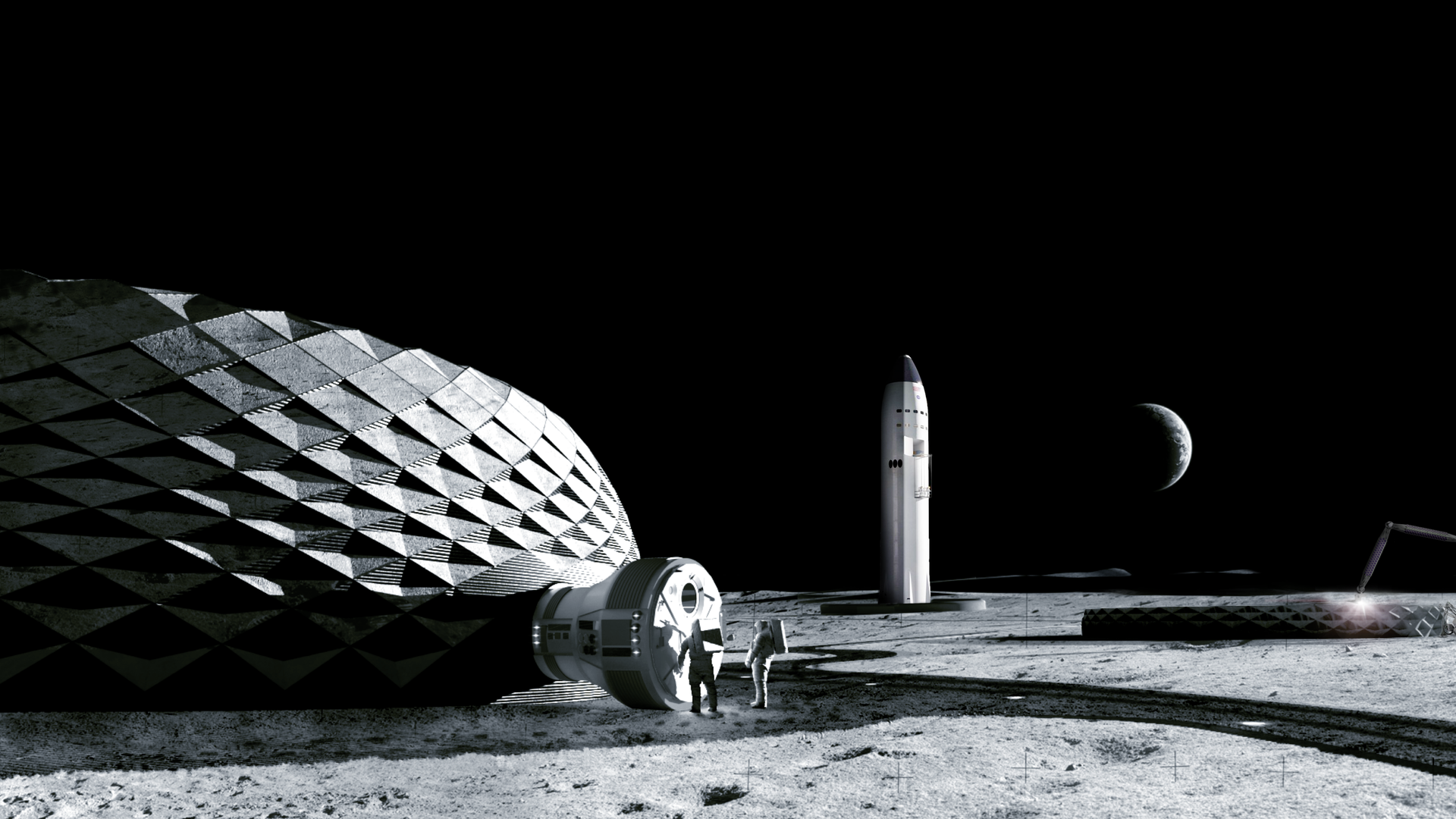 A rendering of astronauts outside their lunar home.