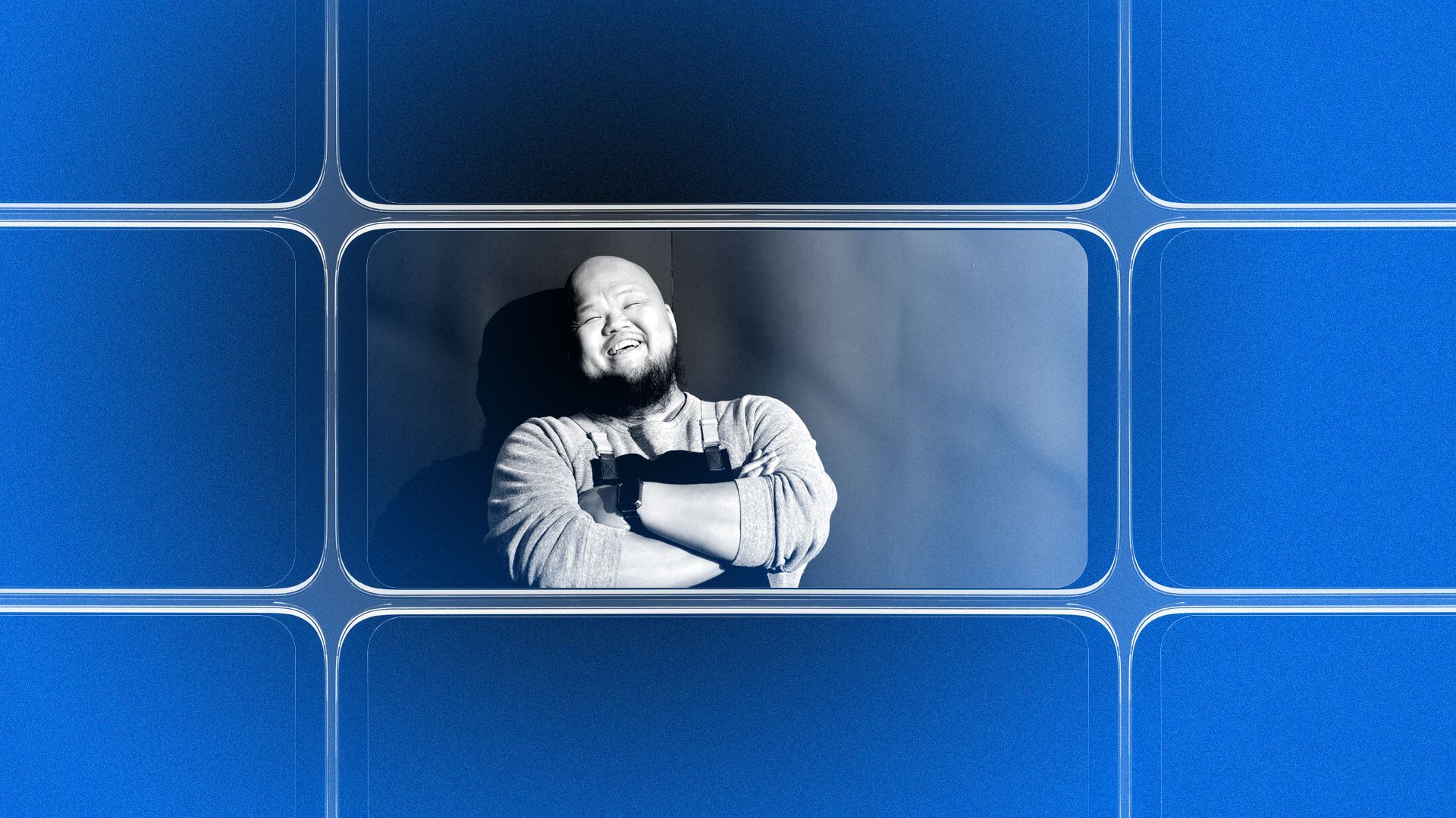 Photo illustration of a grid of smartphone screens, the center one showing an image of Yia Vang.