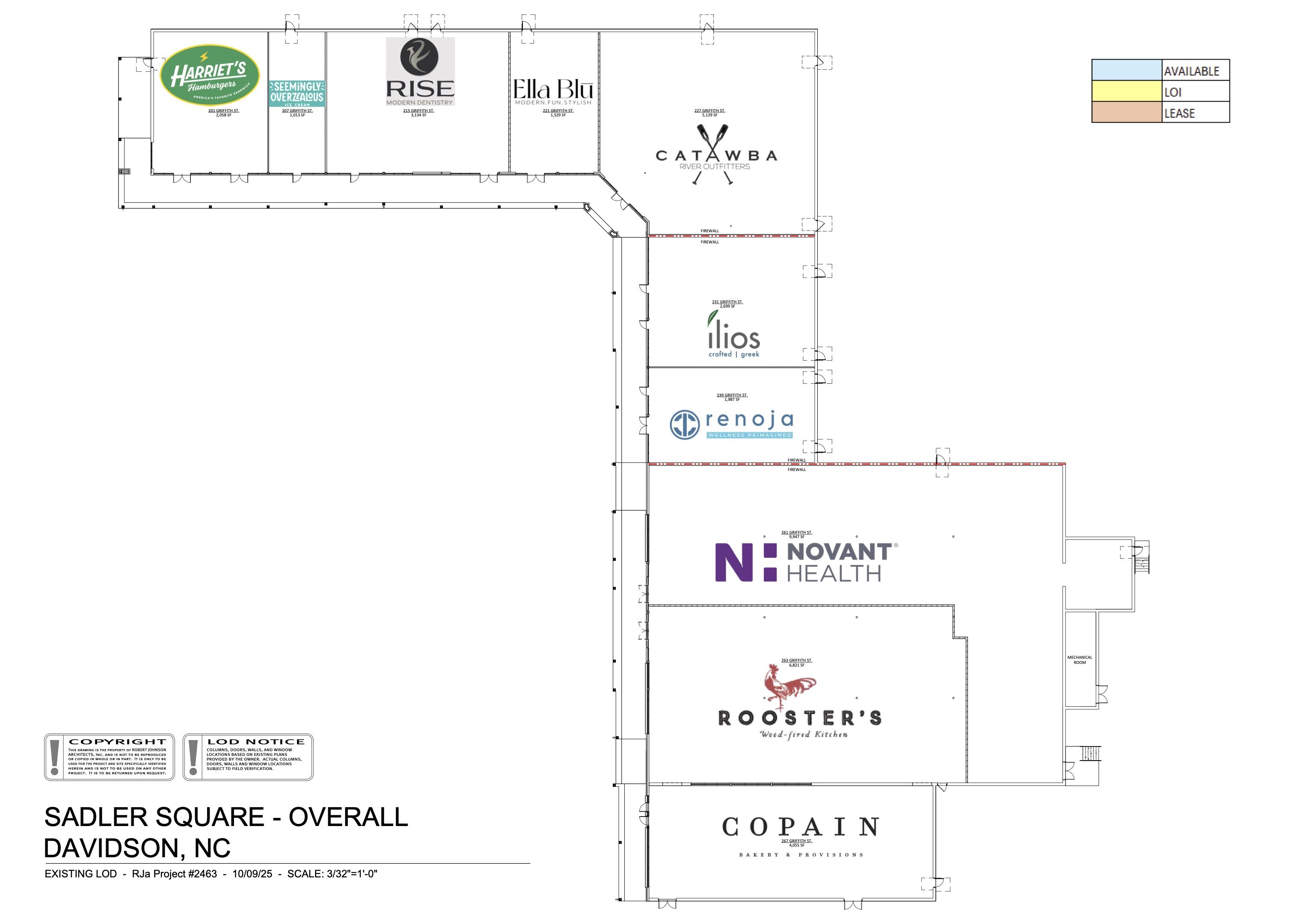 Floor plan of Sadler Square in Davidson, NC, showing tenant spaces with logos and addresses including Harriet's Hamburgers, Rise Modern Dentistry, Ella Blu, Catwba River Outfitters, Ilios, Renoja, Novant Health, Rooster's Wood-Fired Kitchen, and Copain Bakery.