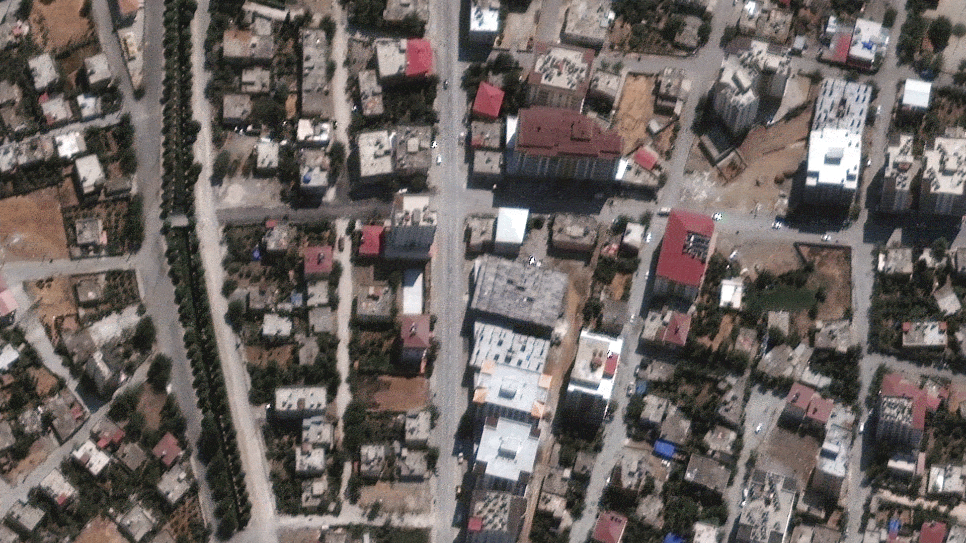 Buildings in Nurdagi, Turkey before and after the earthquake