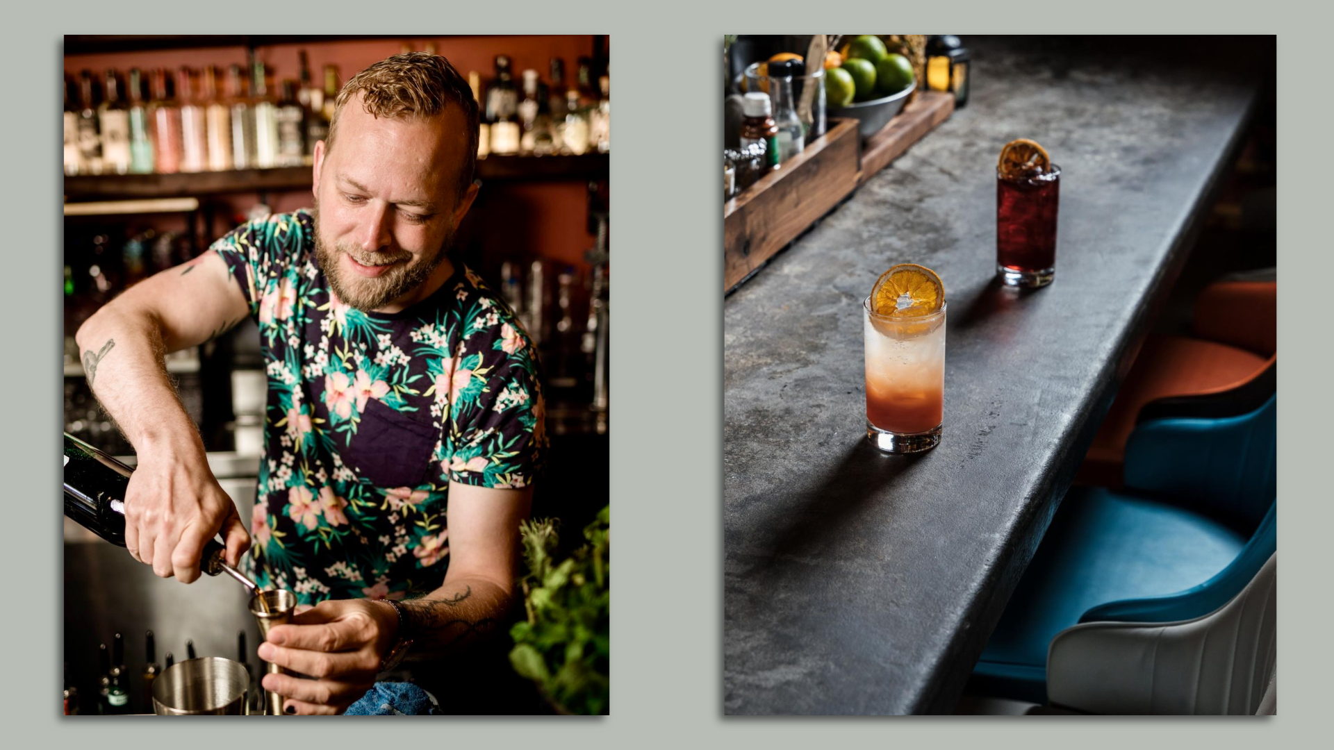 A stitched photo of two images, on the left, a bartender pours a drink, on the right, two cocktails sit at an empty bar.