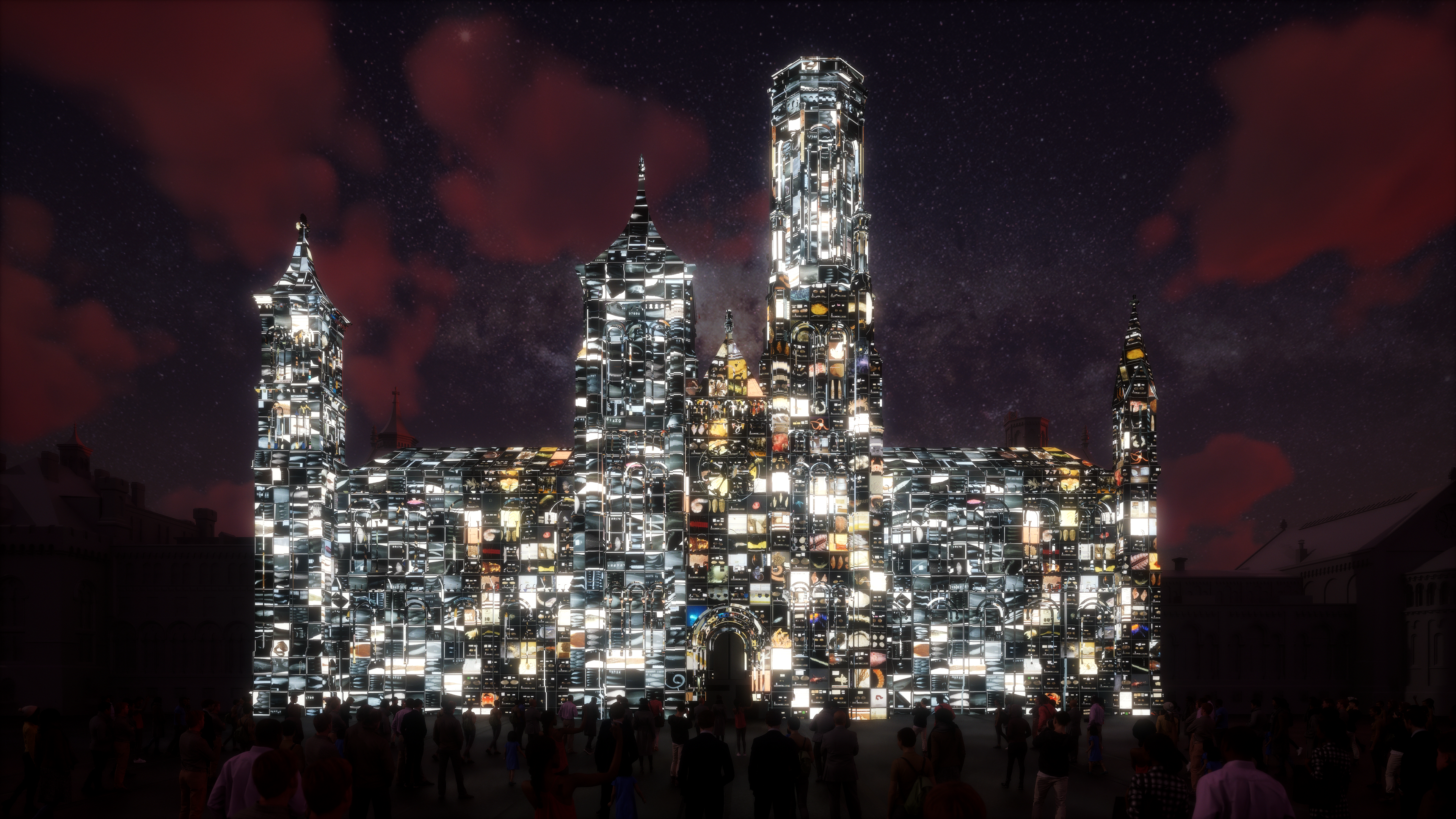 Night scene of a towering glass-mosaic castle with three spires, reflecting bright lights. Crowds gather at the base as a starry sky and red-tinged clouds fill the background.