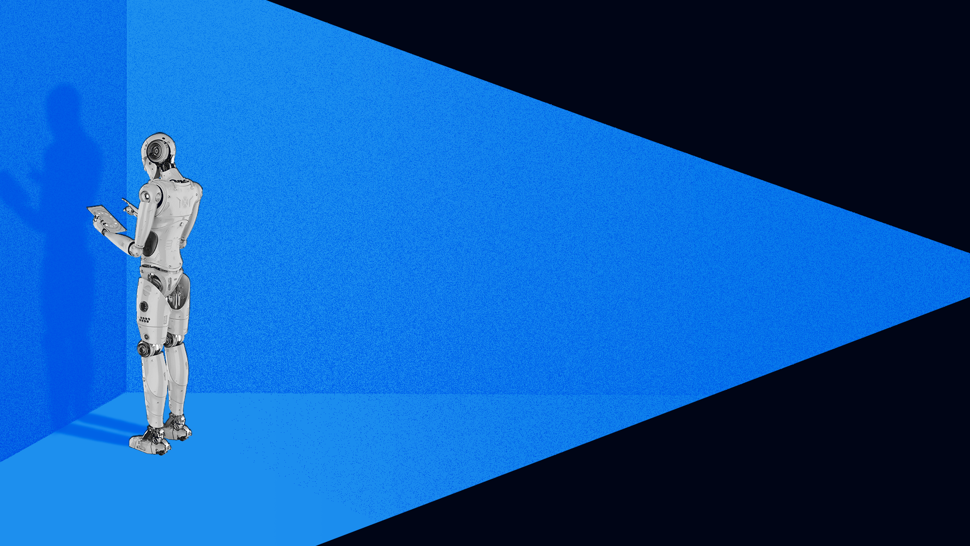 Illustration of a spotlight illuminating an AI robot in the corner of a room.