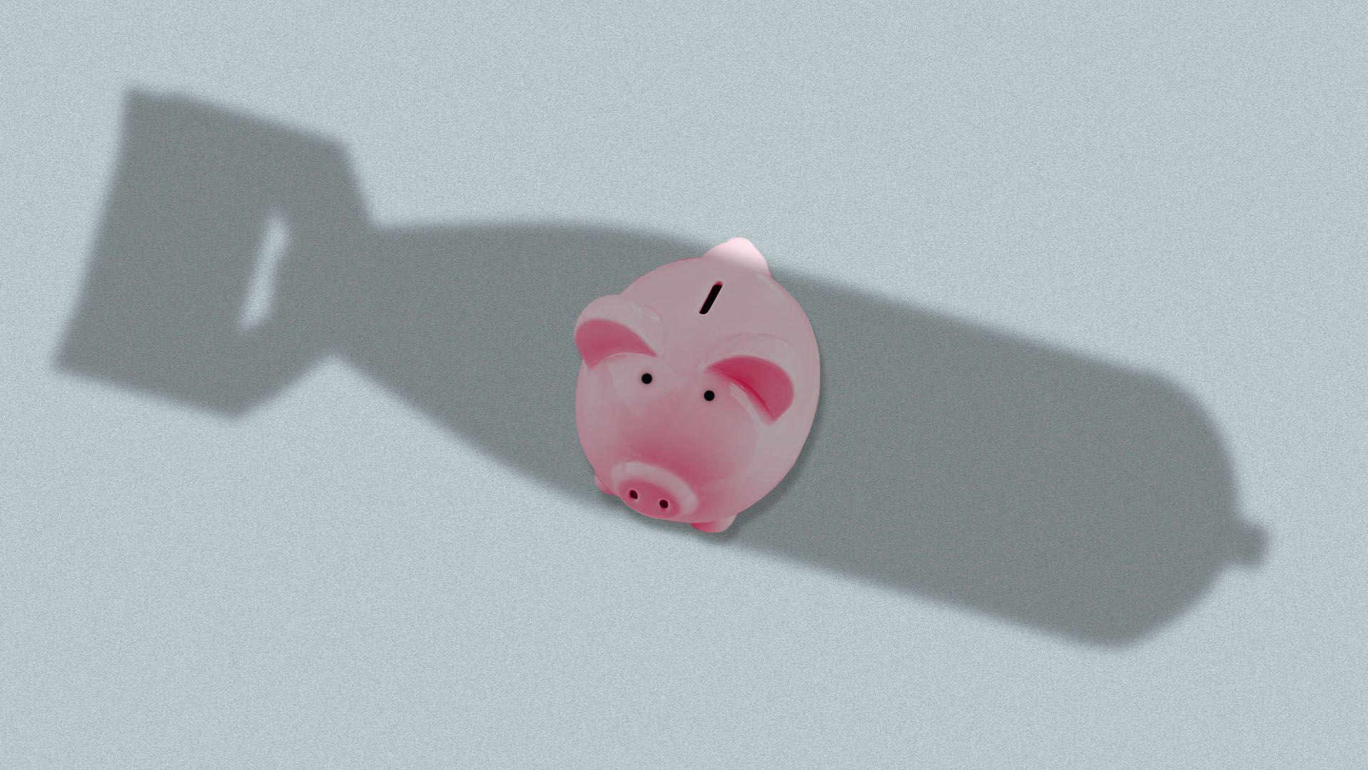 Illustration of piggy bank with shadow of bomb looming over it