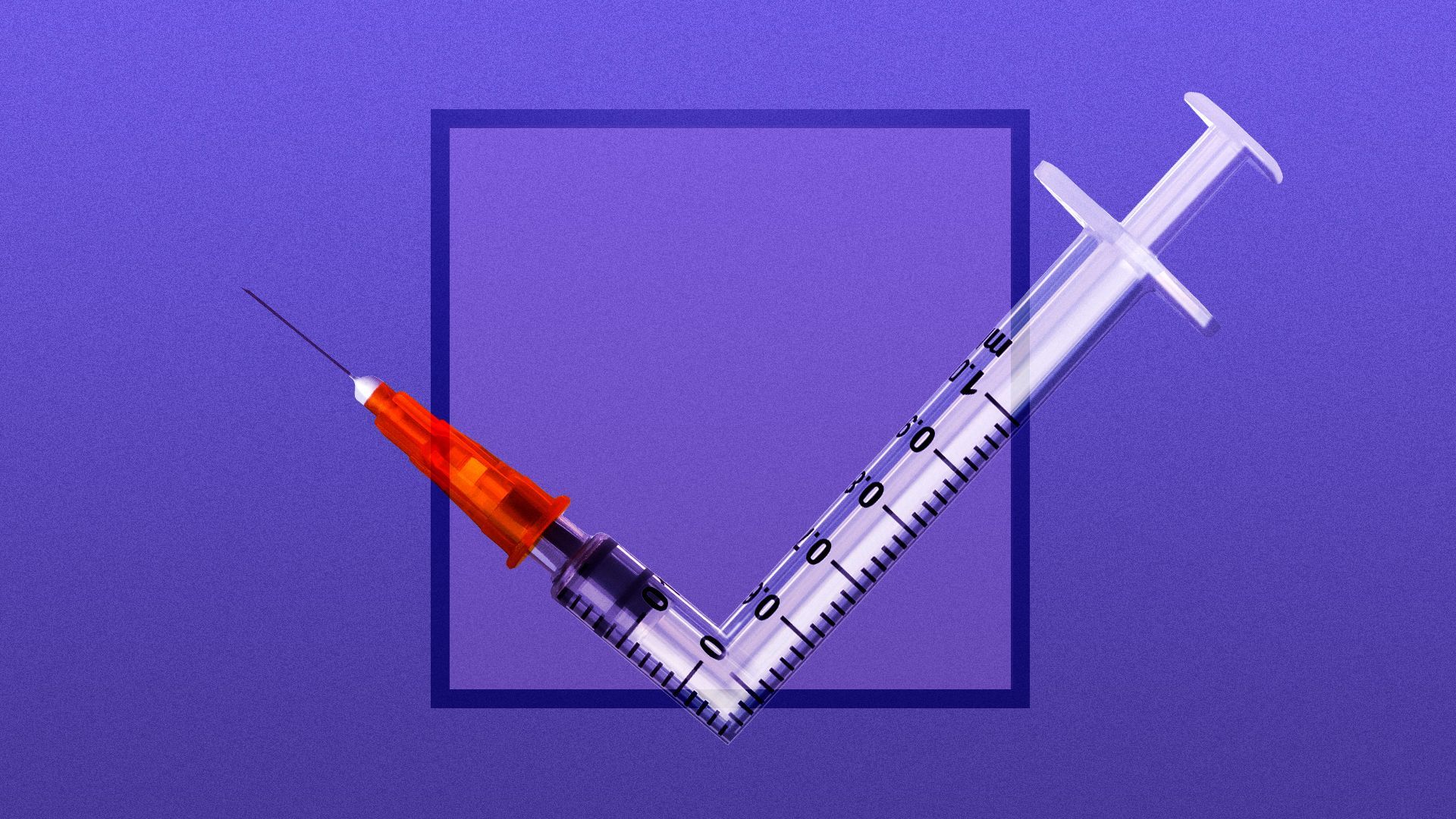 Illustration of a syringe shaped like a checkmark against a box