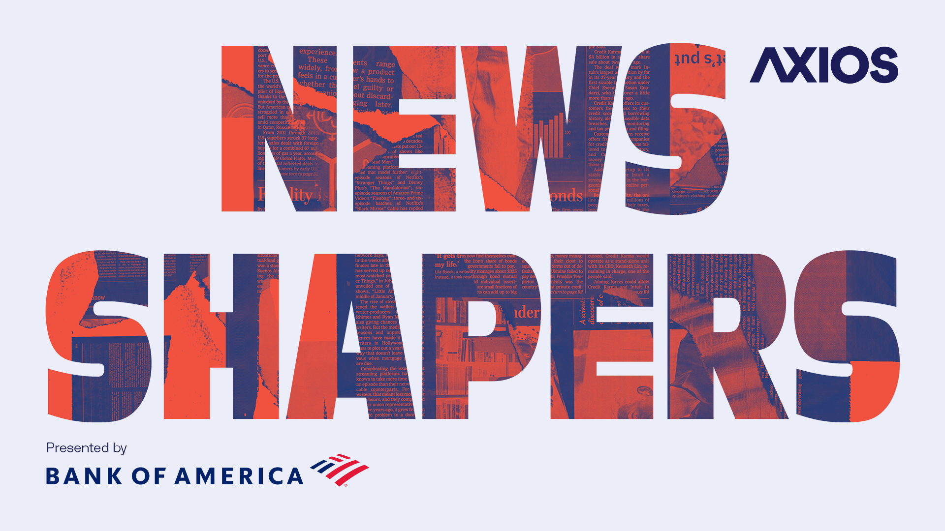 Poster with oversized collage-filled letters spelling NEWS SHAPERS in red and navy on a pale blue background. Axios logo top right; Presented by Bank of America logo bottom left.