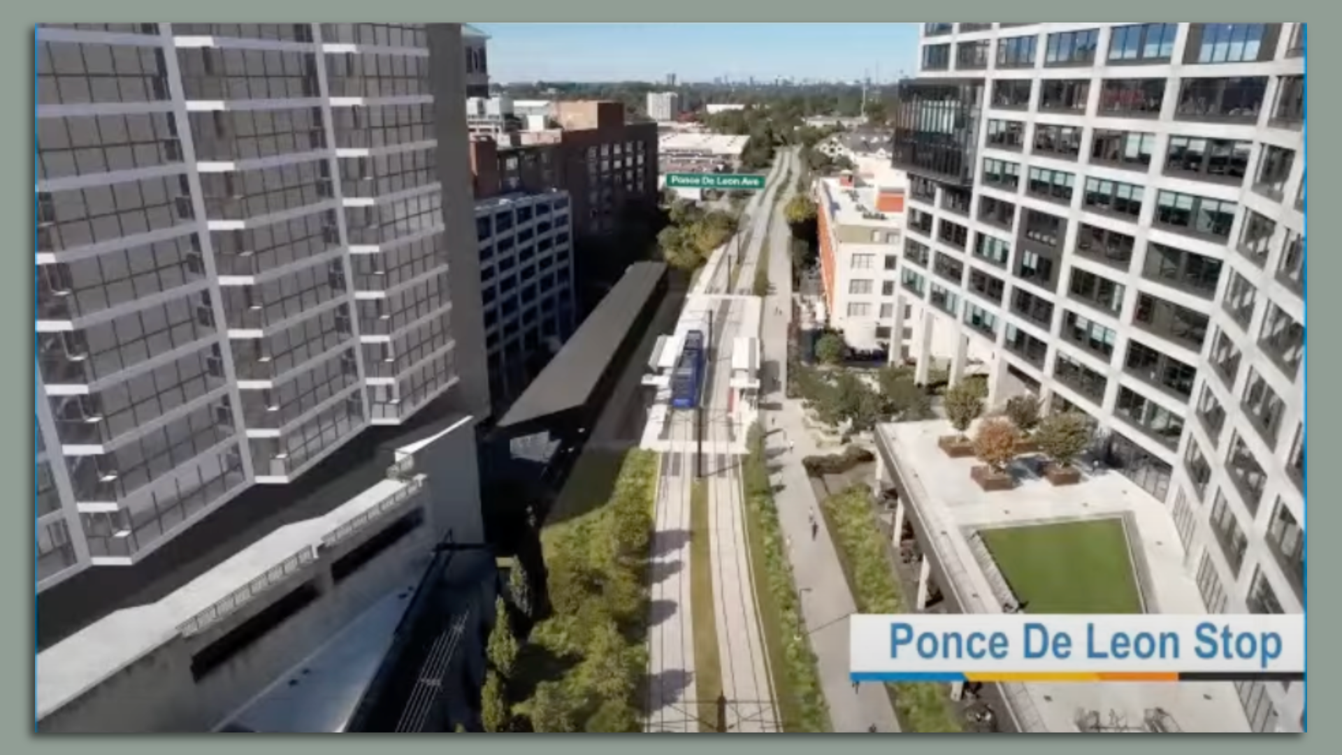 A rendering of a rail line and bike trail running between two tall buildings on the Beltline near Ponce City Market